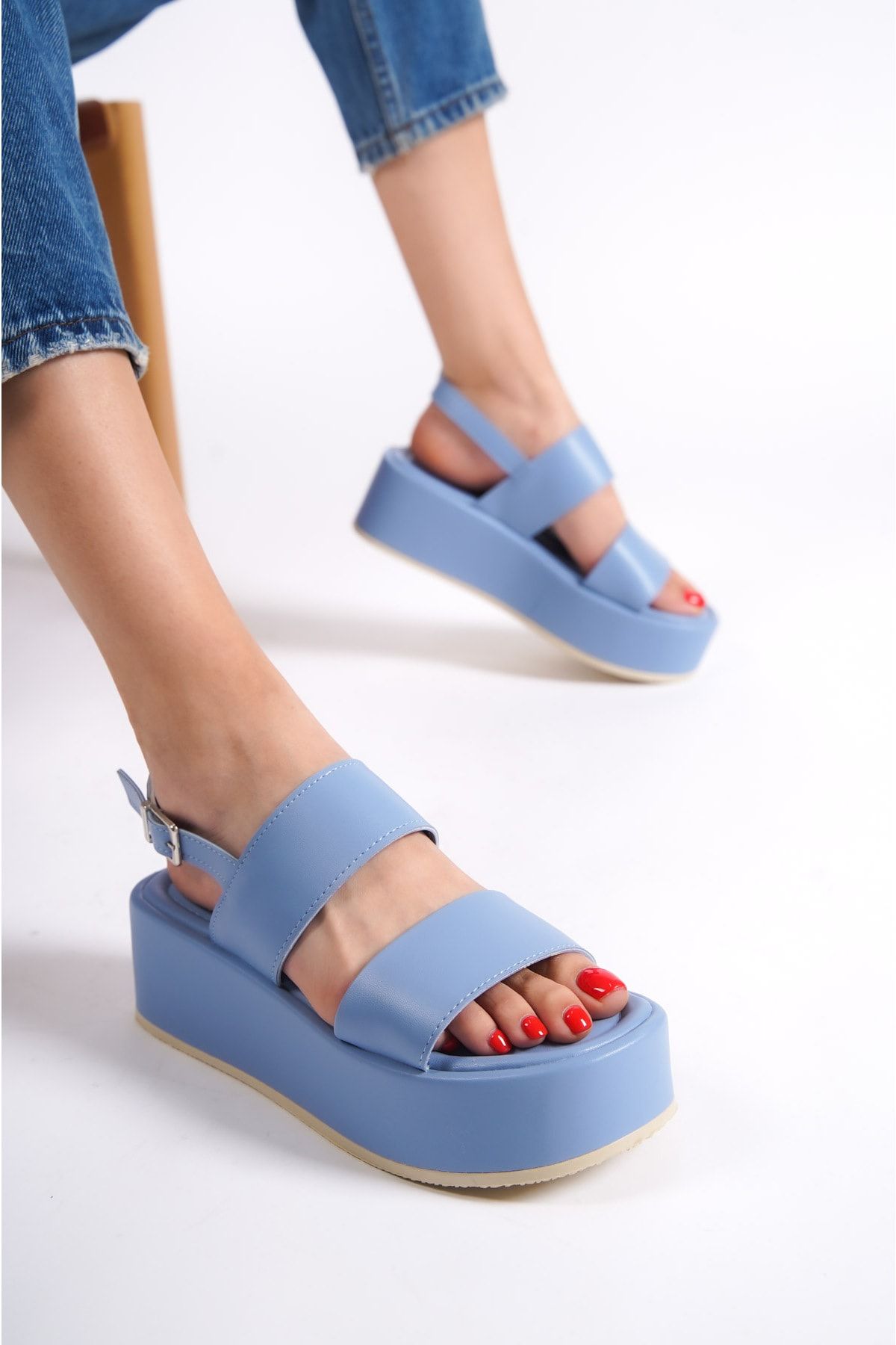 صندل آبی زنانه Capone ضخیم دو باند پرکننده شلوار جین Flatform Sandals Capone Outfitters