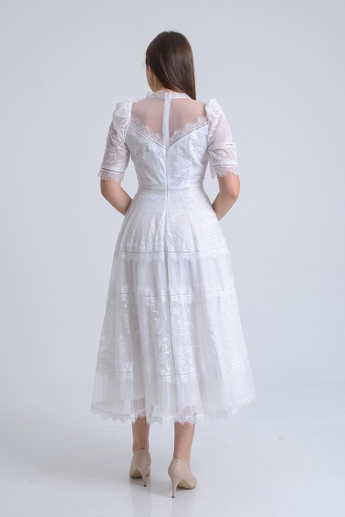 SpringStore-White Short Sleeve Lace Evening Dress 6