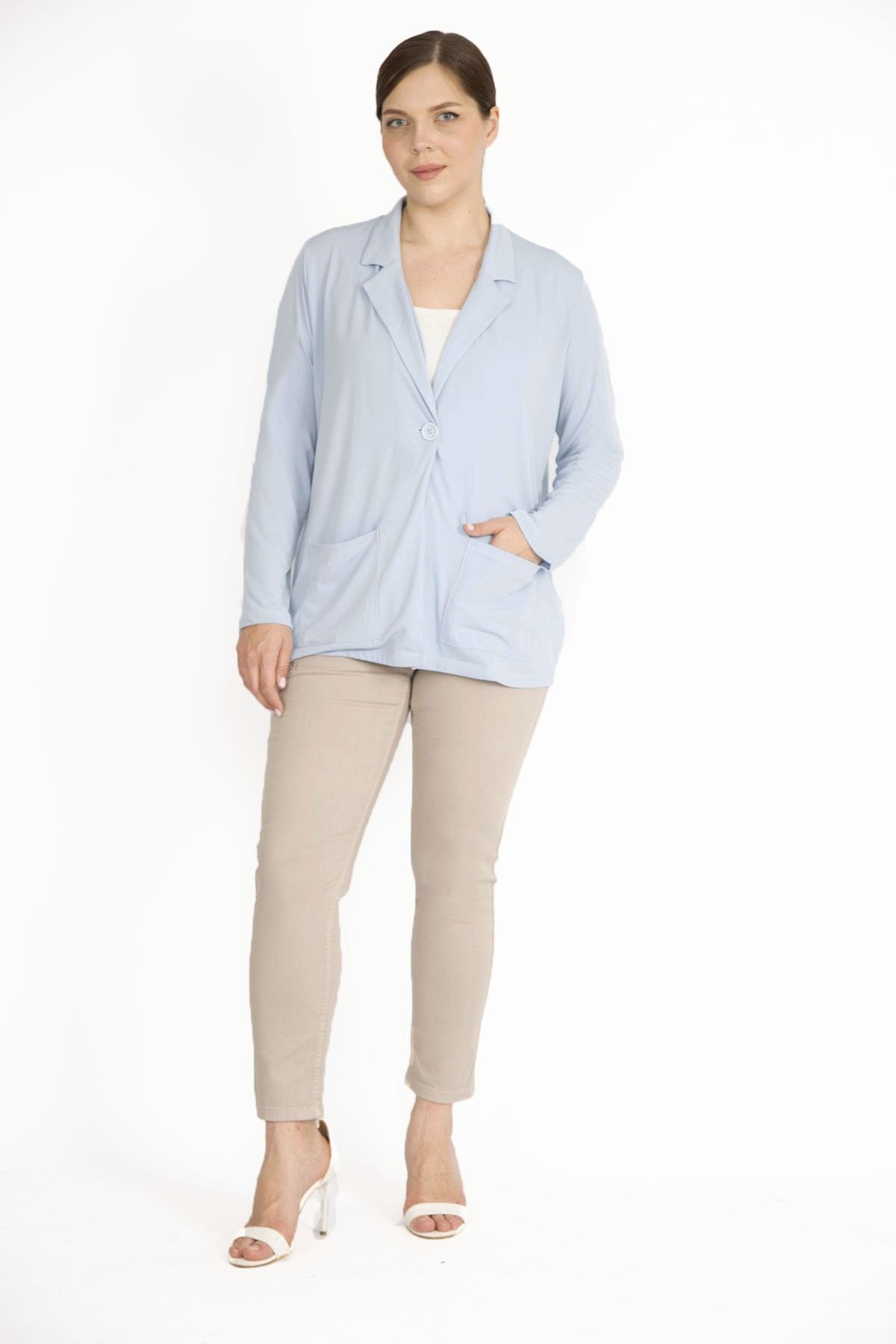 Şans Tekstil-Blauer Damen-Cardigan mit einem Knopf und ungefütterten Taschen, 26a36429 7