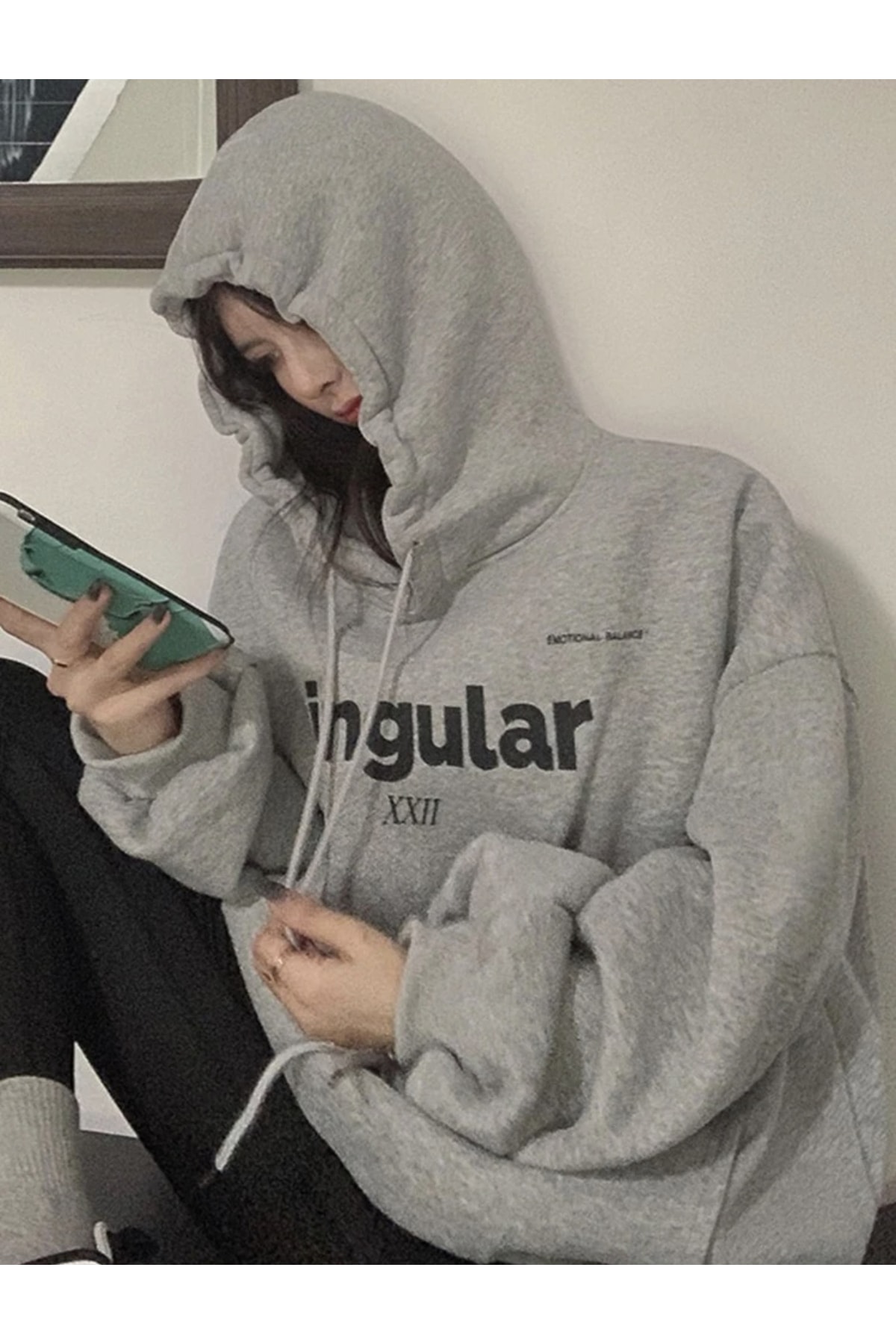 MOONBULL Ünisex Singular XXL baskılı kapüşonlu oversize sweatshirt görsel 3