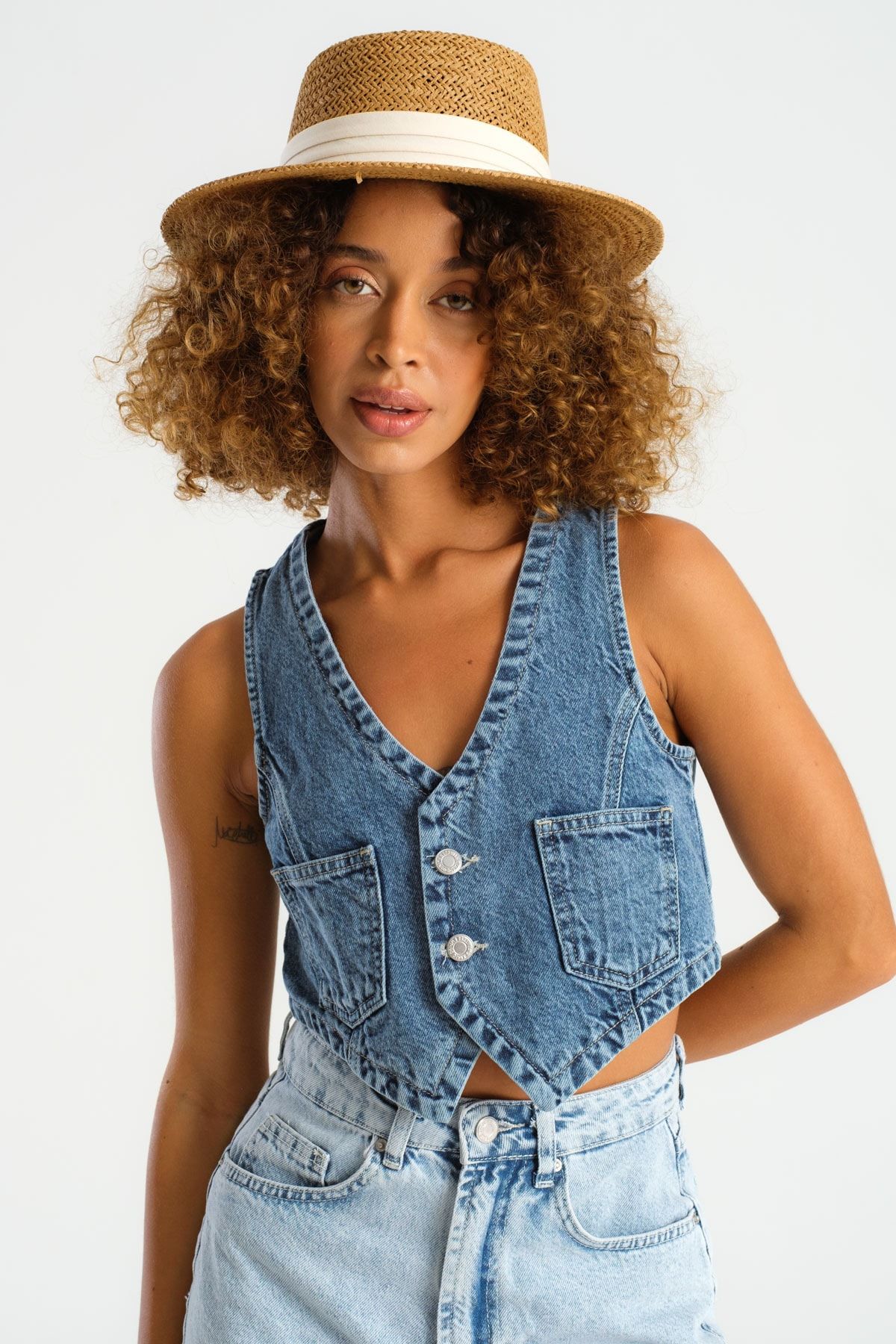 Cropped denim vest top womens