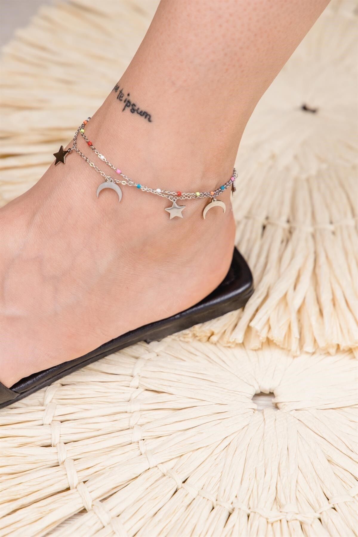 Sacha Accessories Double Row 21cm Silver Steel Anklet with Moon