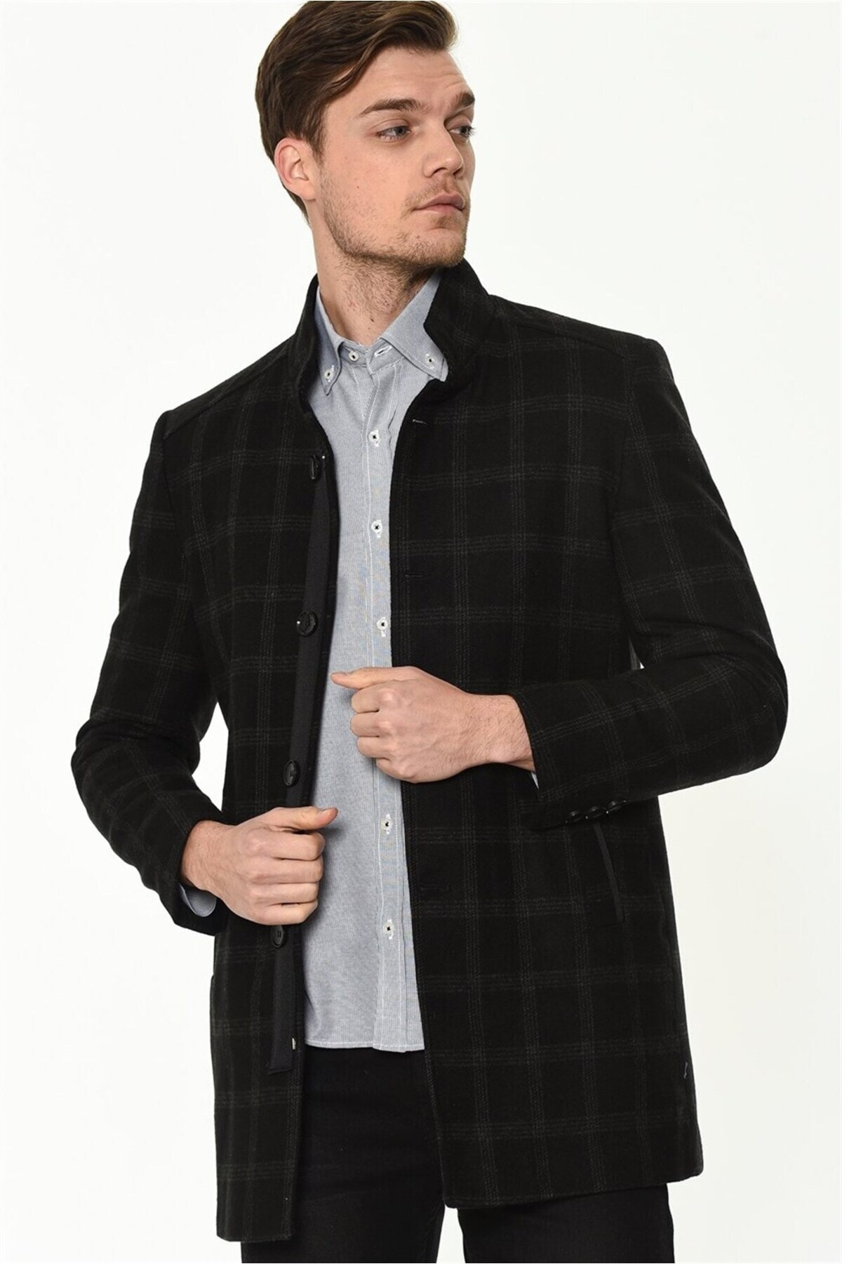 دوبری پالتو مردانه طرح‌دار Plt8327 سرمه‌ای