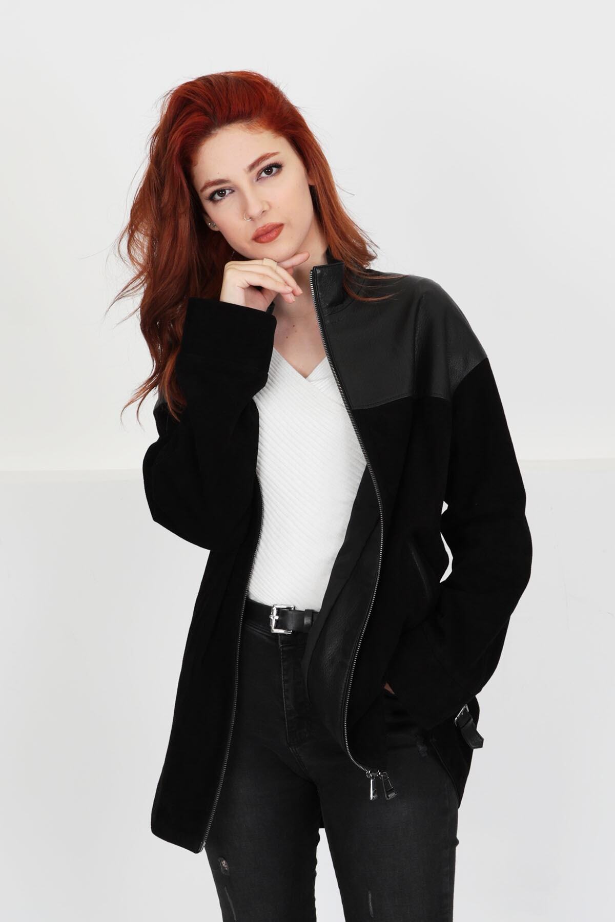 Luxury Topcoat Genuine Leather Suede Jacket Long Suede Women's Oversize Leather Coat, Jacket - 105522