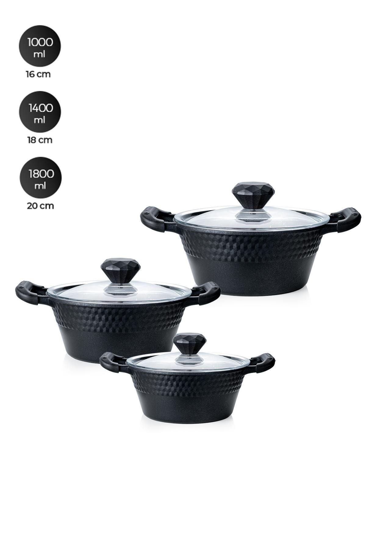 Acar Diamante 3 Lü Cam Kapaklı 16 / 18 / 22cm Döküm Derin Midi Tencere Seti