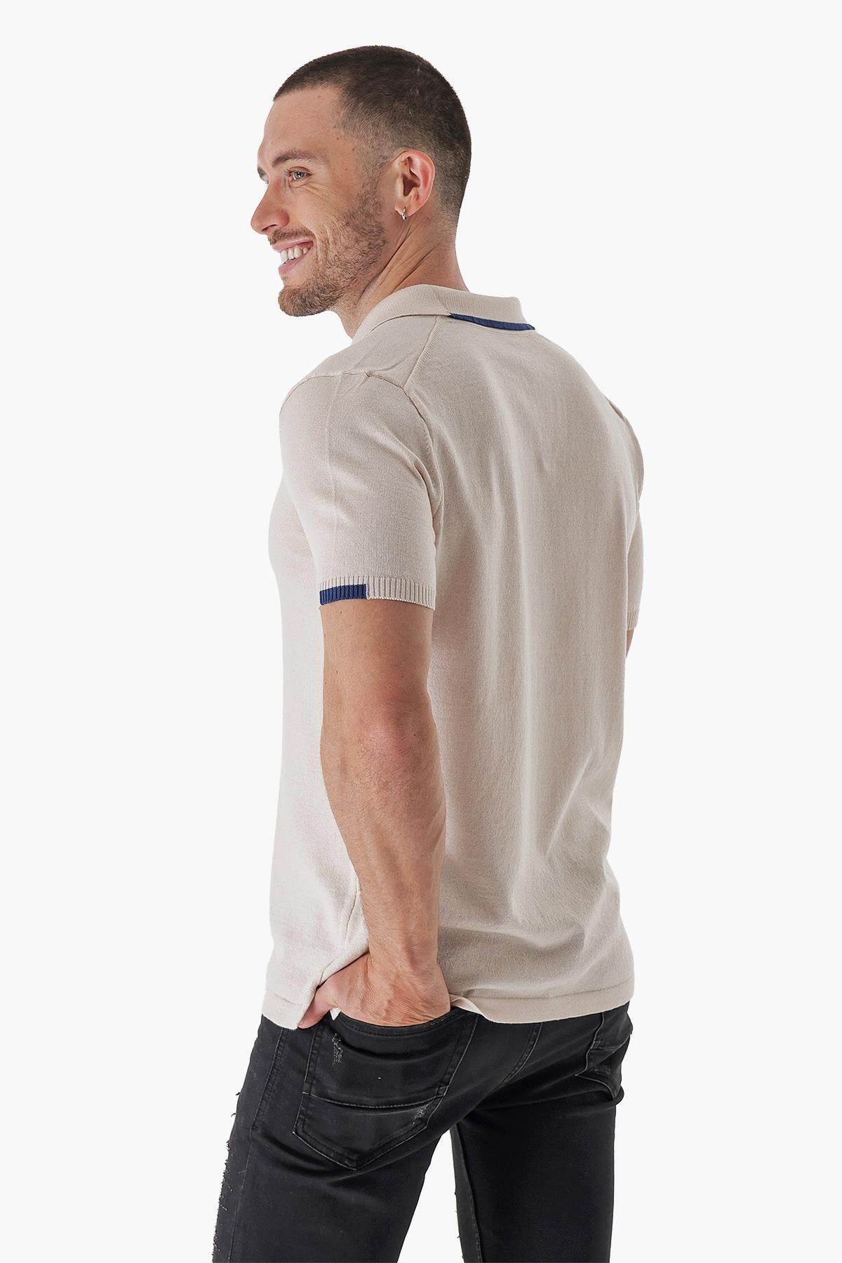 CHUBA-Men's Polo Neck Contrast Line Detailed Cotton Thin Knitwear T-shirt Beige 22sm209 2