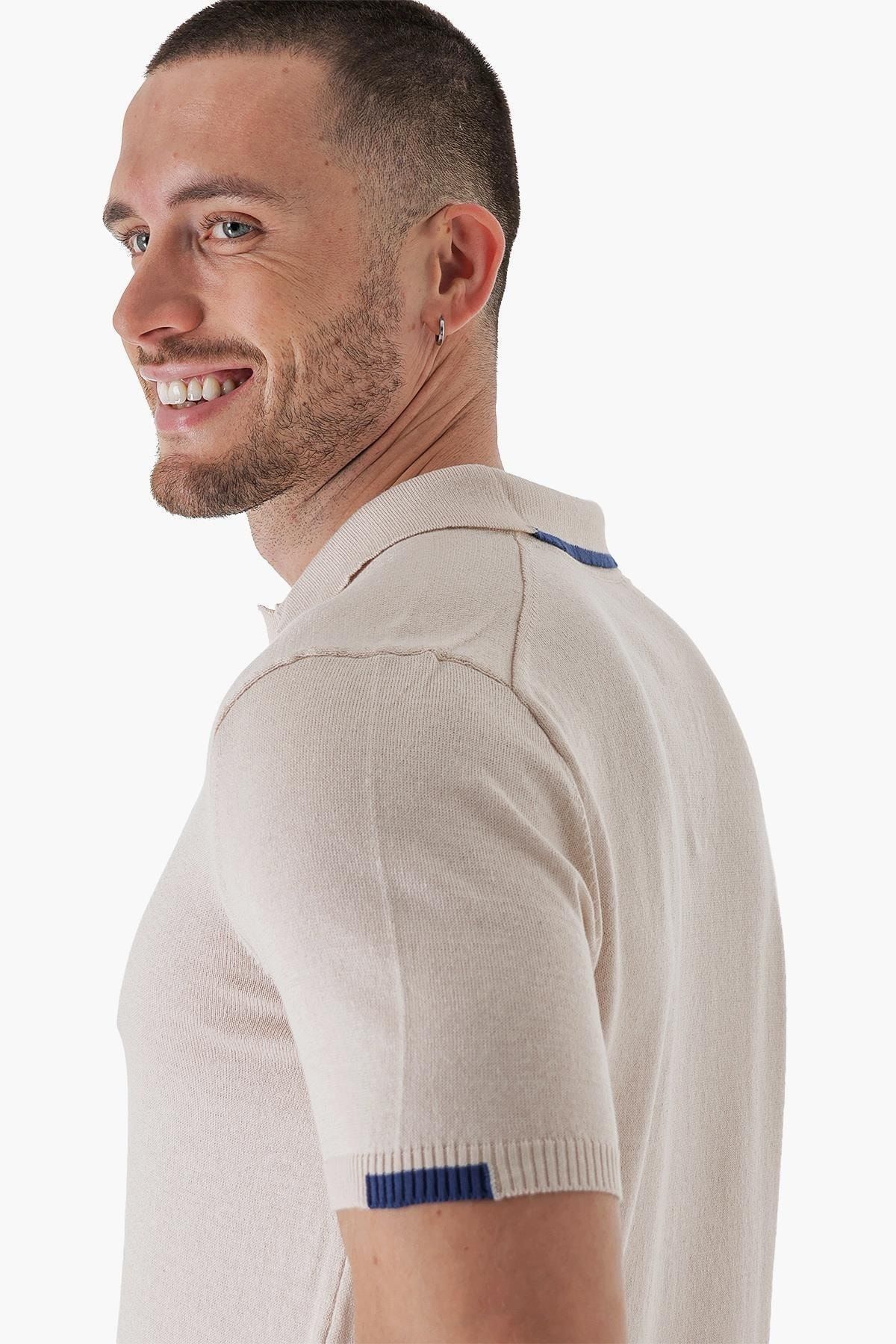 CHUBA-Men's Polo Neck Contrast Line Detailed Cotton Thin Knitwear T-shirt Beige 22sm209 5