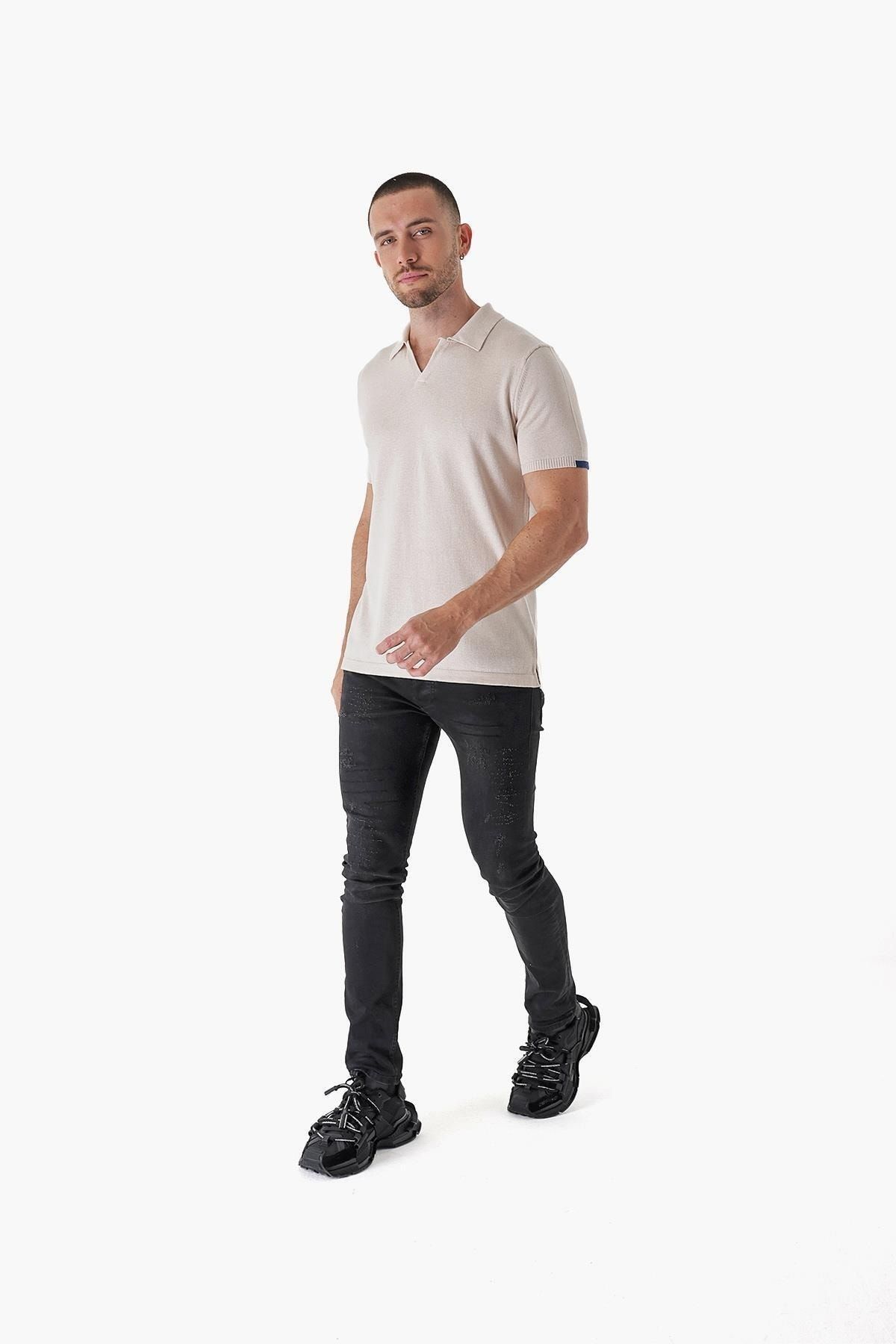 CHUBA-Men's Polo Neck Contrast Line Detailed Cotton Thin Knitwear T-shirt Beige 22sm209 6
