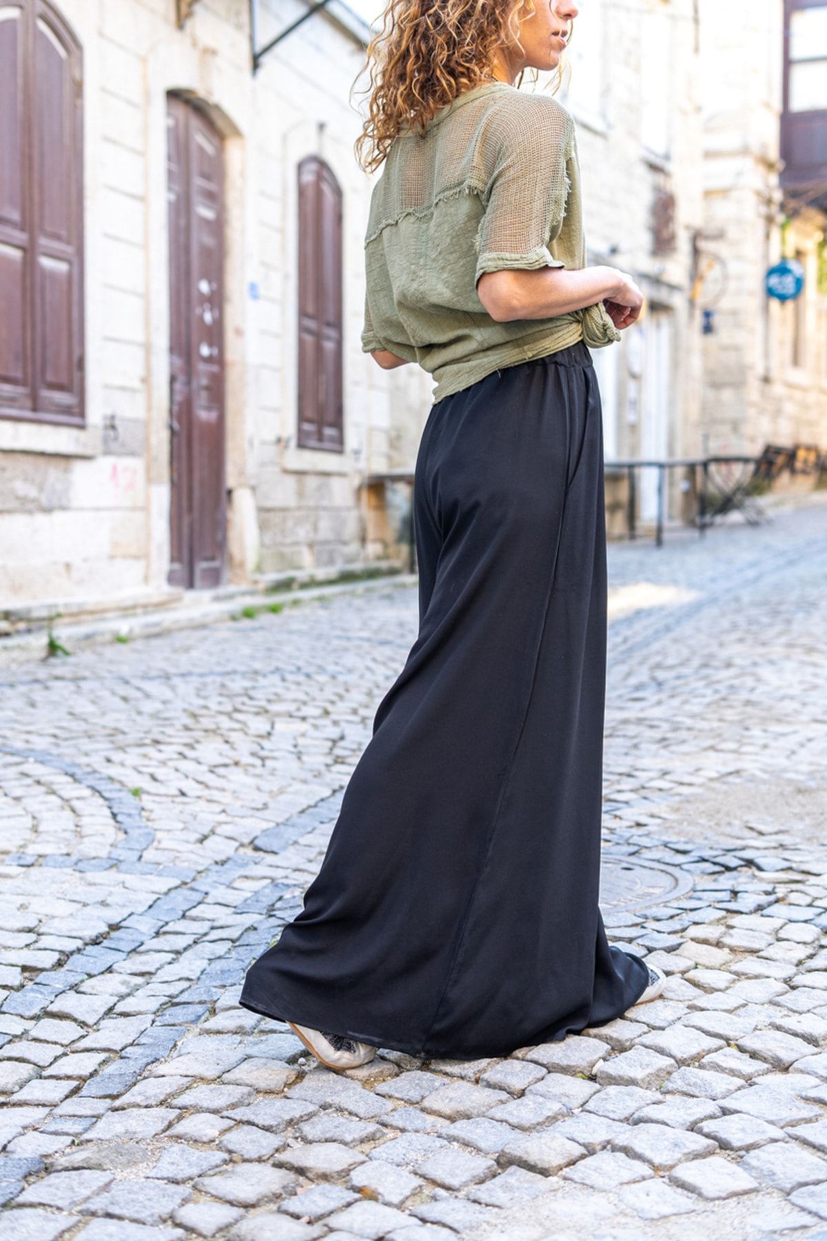 G ne k z Women s Black Elastic Waist Pocket Wide Leg Crepe Pants