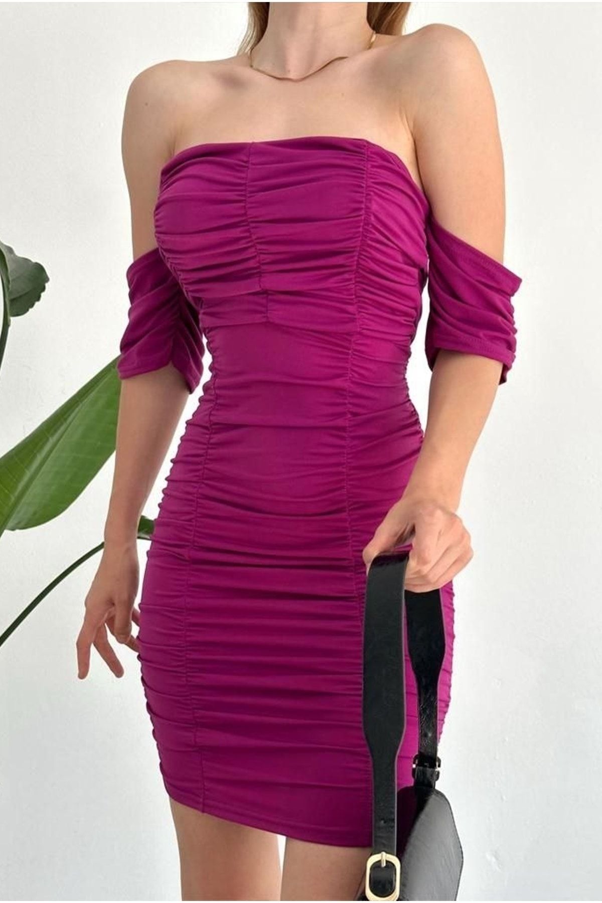 vuvutasarım-Women's Flexible Sandy Fabric Drape Detailed Strapless Neckline Sleeve Designed Cherry Mini Evening Dress 582409 4