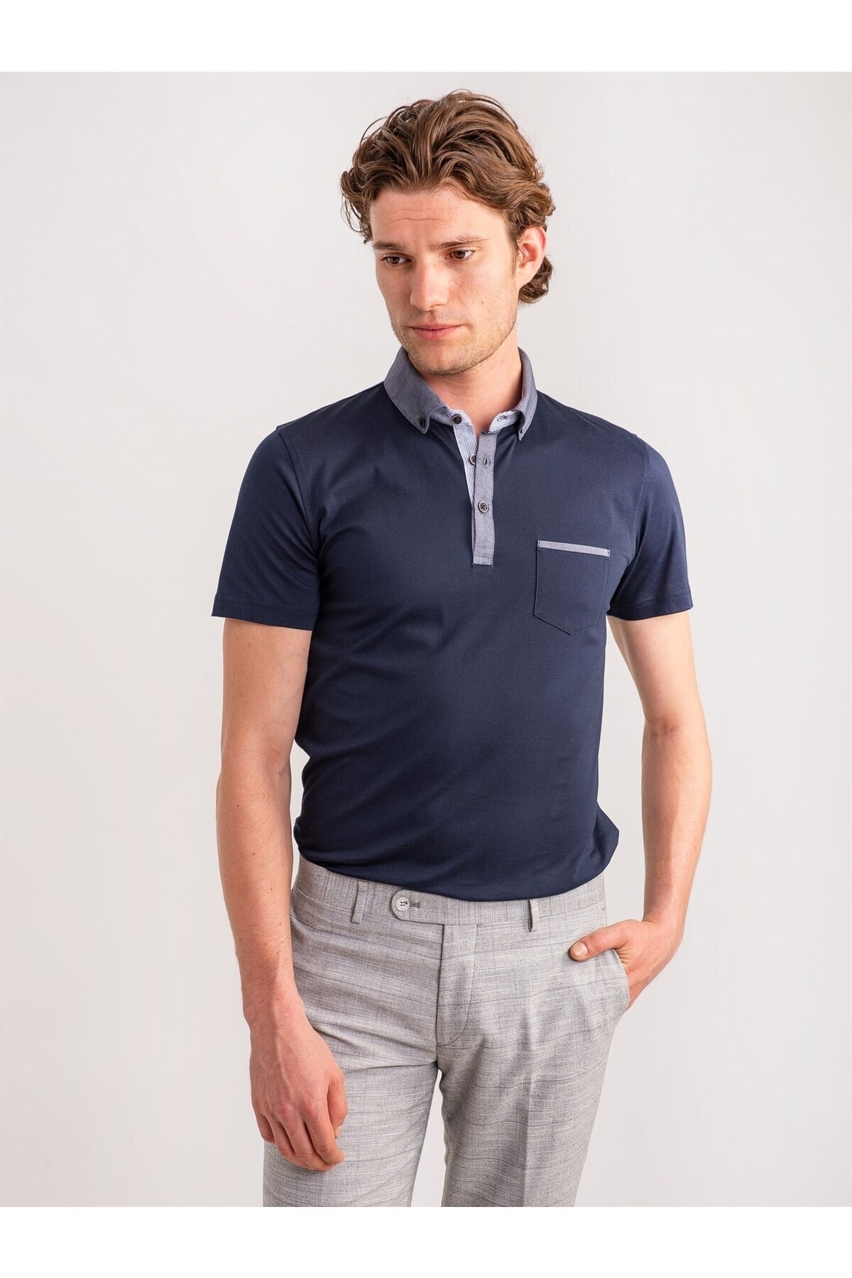 تی شرت آبی سرمه ای جیب دار یقه پولو مدل اسلیم فیت آستین کوتاه مردانه دوفی Dufy (برند ترکیه)