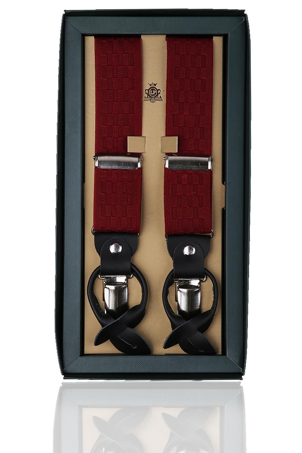 بند شلوار جاکارد دکمه‌دار چرمی زرشکی مردانه Pan72