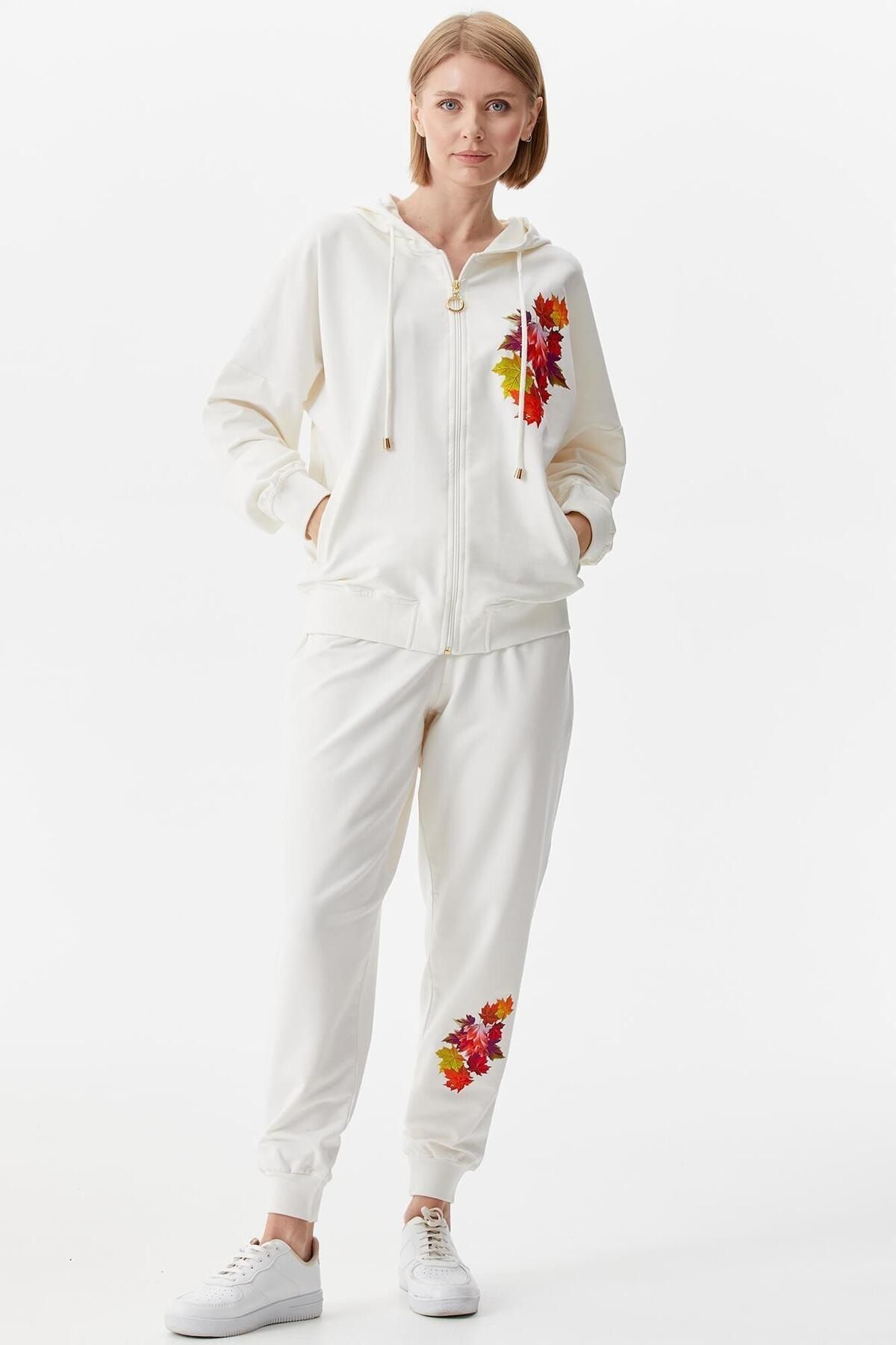 Sementa Plus Size Colorful Print Detailed Jogger Tracksuit Ecru