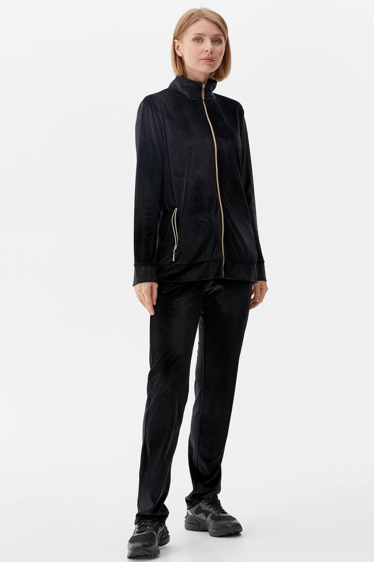 Sementa Stone Detailed High Collar Velvet Tracksuit Black Trendyol