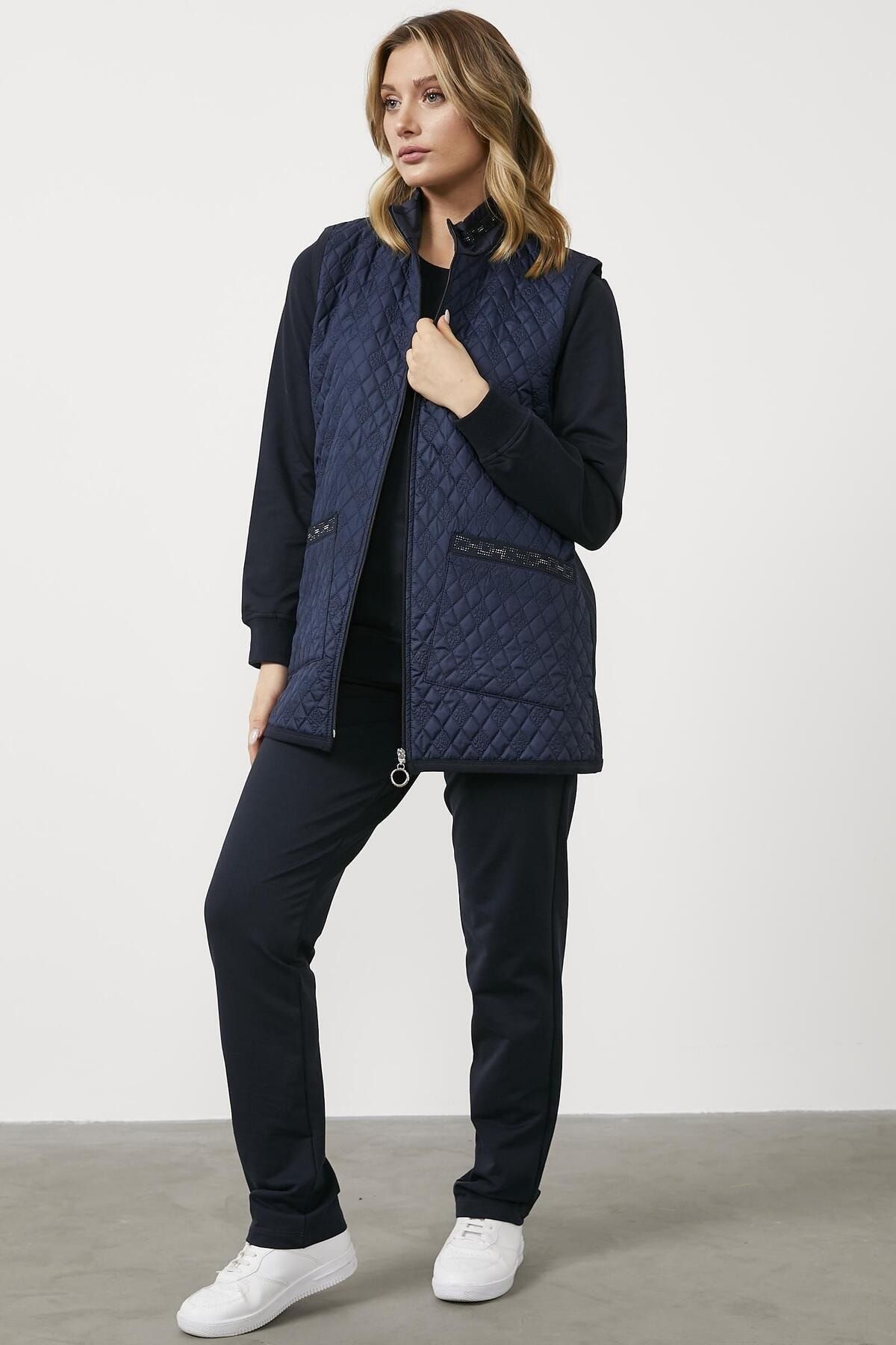 Sementa Plus Size Quilted Vest Triple Tracksuit Set Navy Blue