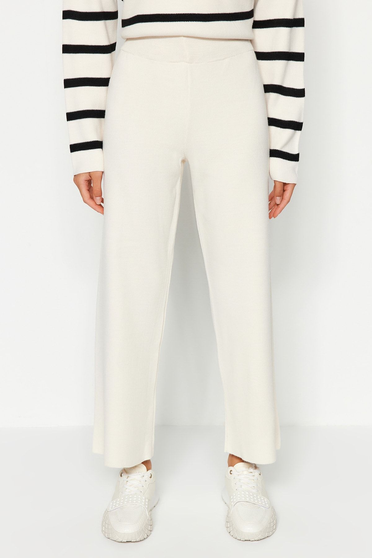 Trendyol Collection-Ecru Striped Knitwear Pants Bottom-Top Set Twoaw24Au00045 5