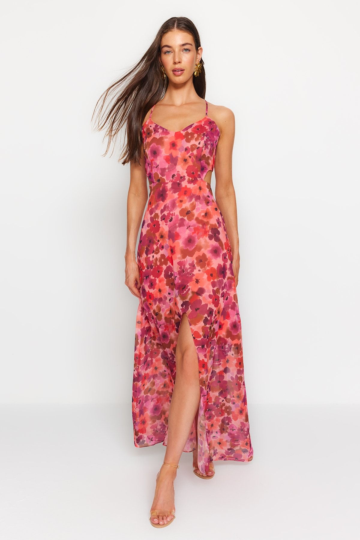 Trendyol Collection Fuchsia A-line Lined Window/Cut Out Detailed Floral Print Maxi Woven Dress TWOSS20EL1270