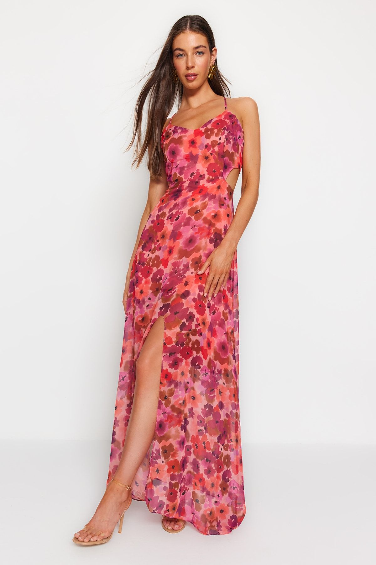 Trendyol Collection-Fuchsiafarbenes A-Linien-Maxi-Webkleid mit gefüttertem Fenster/Ausschnitt und detailliertem Blumendruck TWOSS20EL1270 3