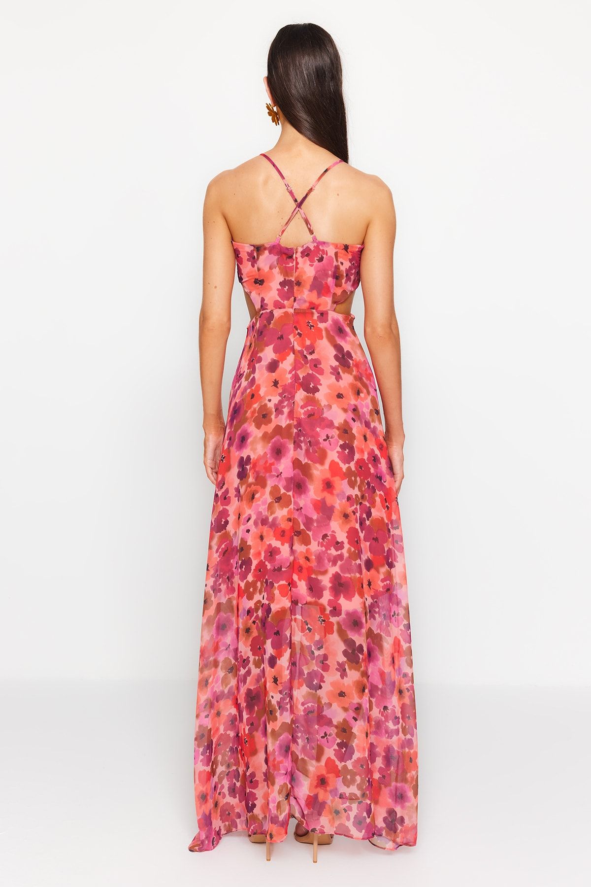 Trendyol Collection-Fuchsiafarbenes A-Linien-Maxi-Webkleid mit gefüttertem Fenster/Ausschnitt und detailliertem Blumendruck TWOSS20EL1270 6