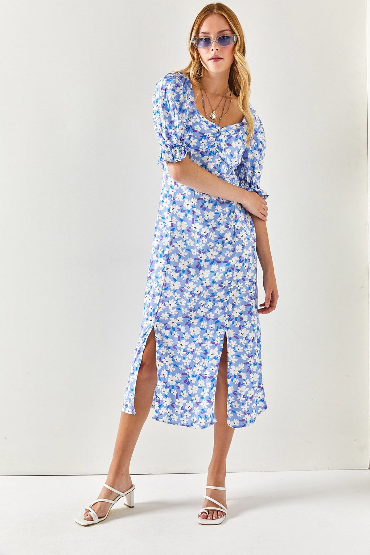 Olalook-Women's Blue White Heart Collar Double Slit Woven Viscose Dress ELB-19001936 1