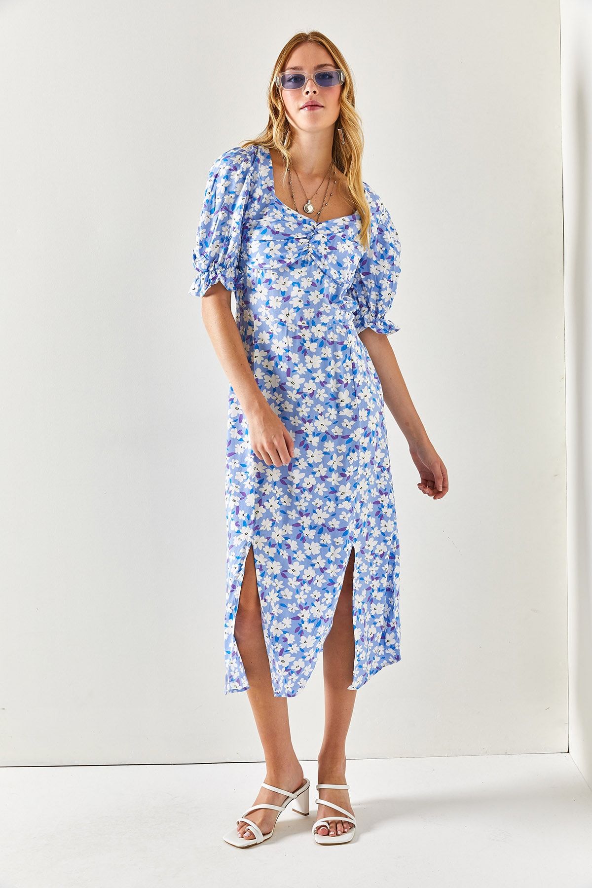 Olalook-Women's Blue White Heart Collar Double Slit Woven Viscose Dress ELB-19001936 5