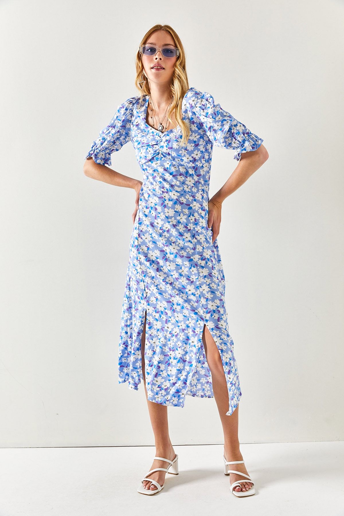 Olalook-Women's Blue White Heart Collar Double Slit Woven Viscose Dress ELB-19001936 6
