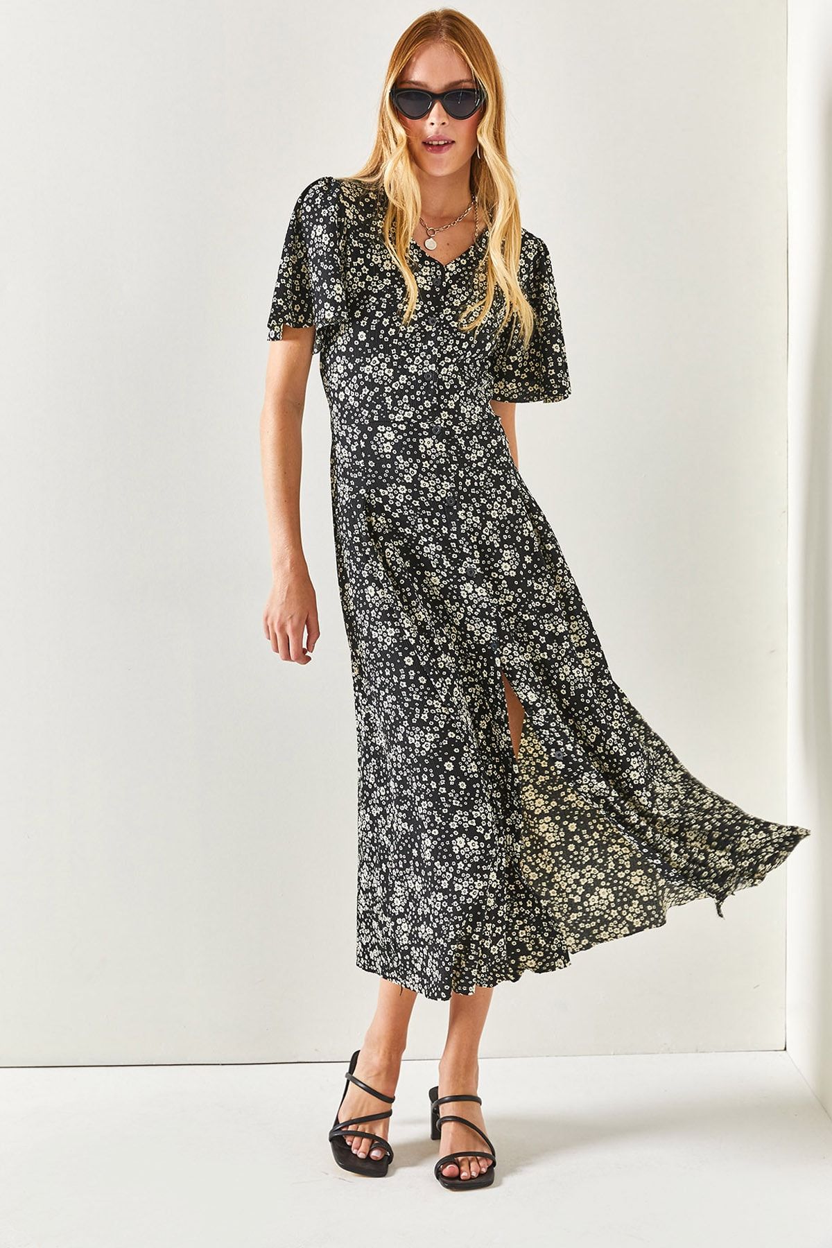 Olalook Women s Black V neck Belted Midi Woven Viscose Dress ELB