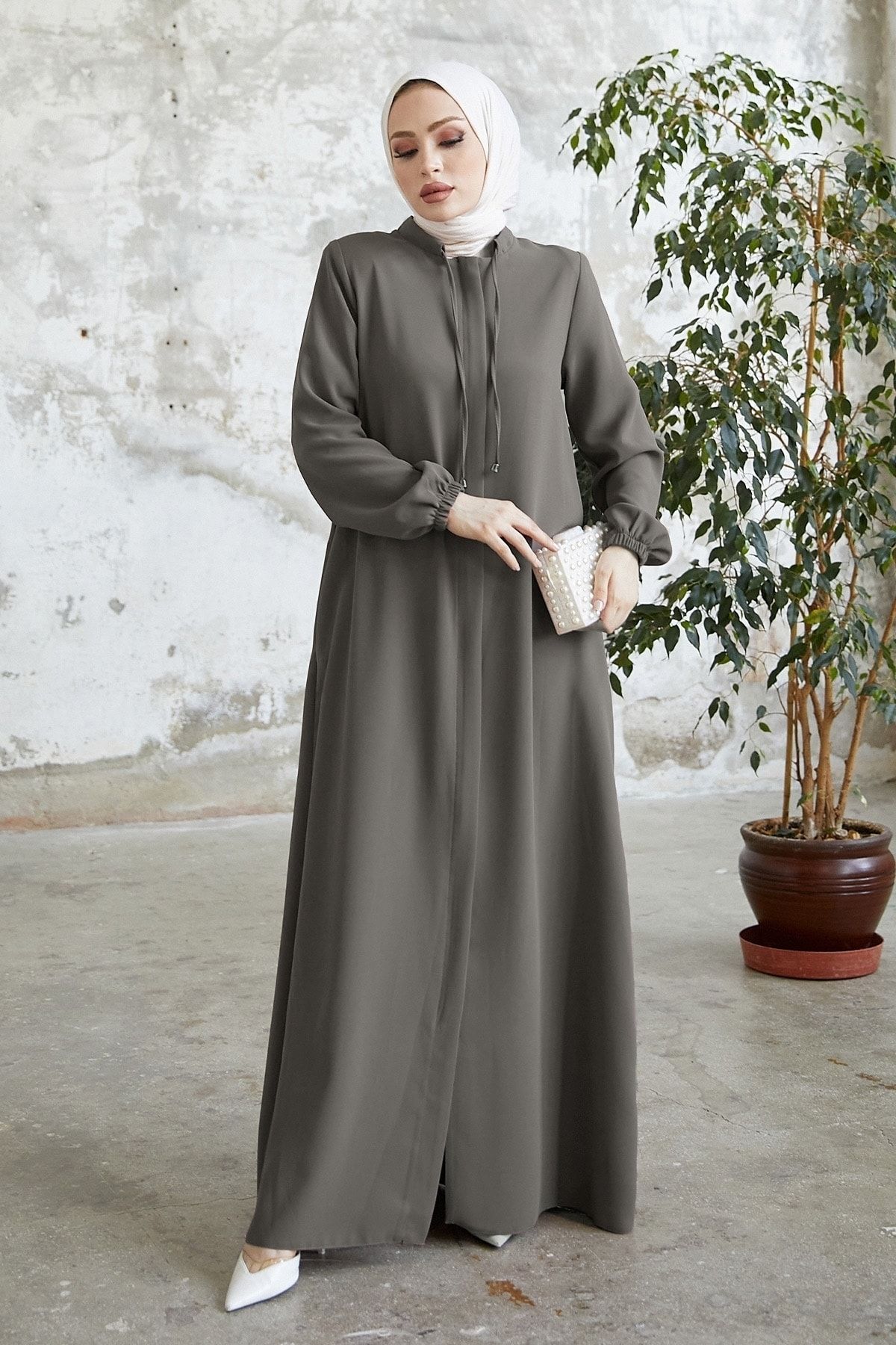 InStyle-Abaya s krajkovým límcem a skrytou légou - šedá 2