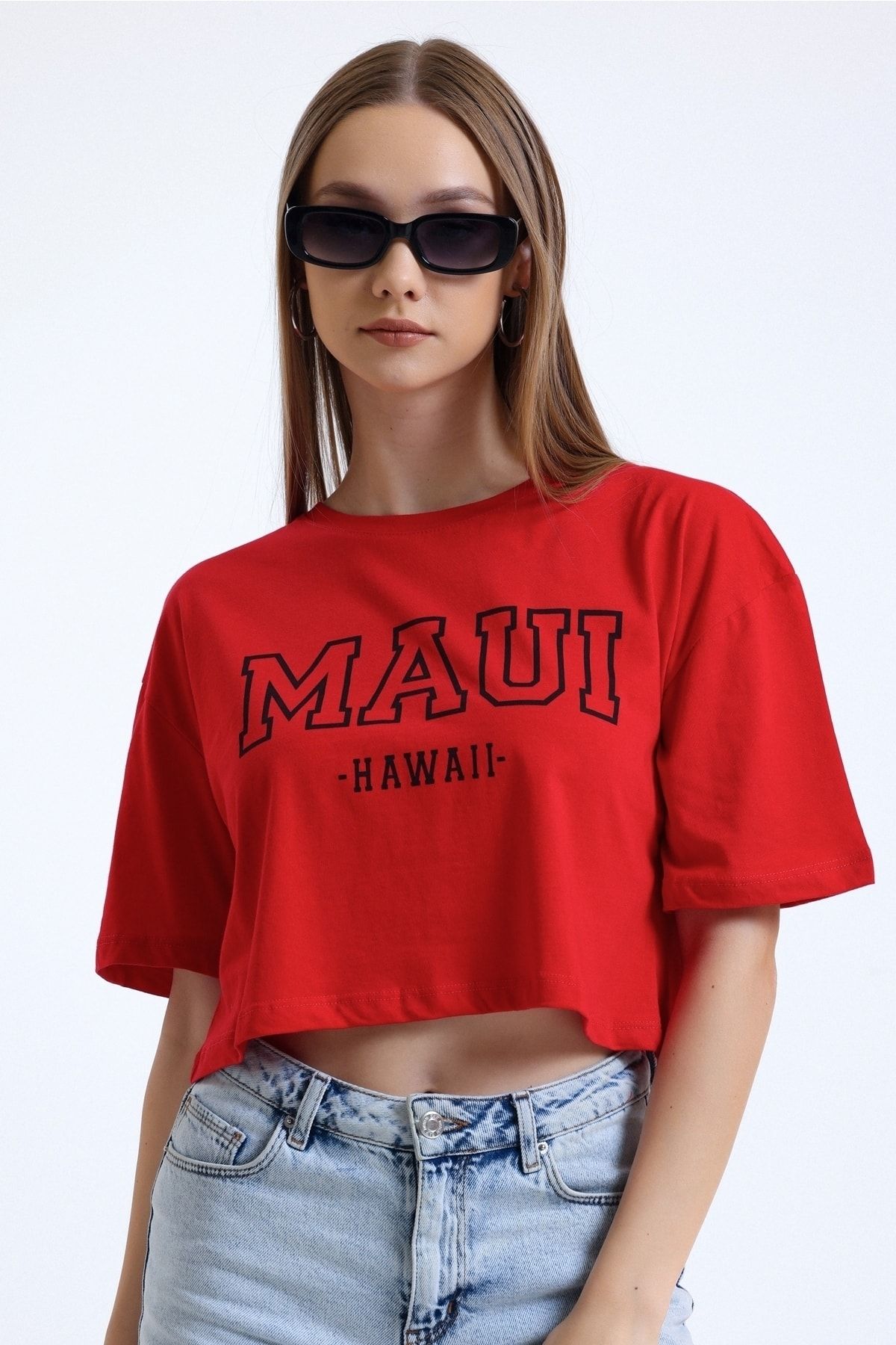 MD trend-Tricou de damă roșu cu imprimeu decoltat de bază cu decolteu rotund 3