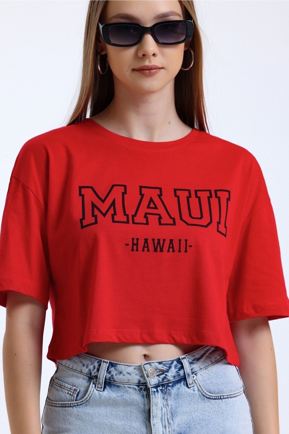MD trend-Tricou de damă roșu cu imprimeu decoltat de bază cu decolteu rotund 4