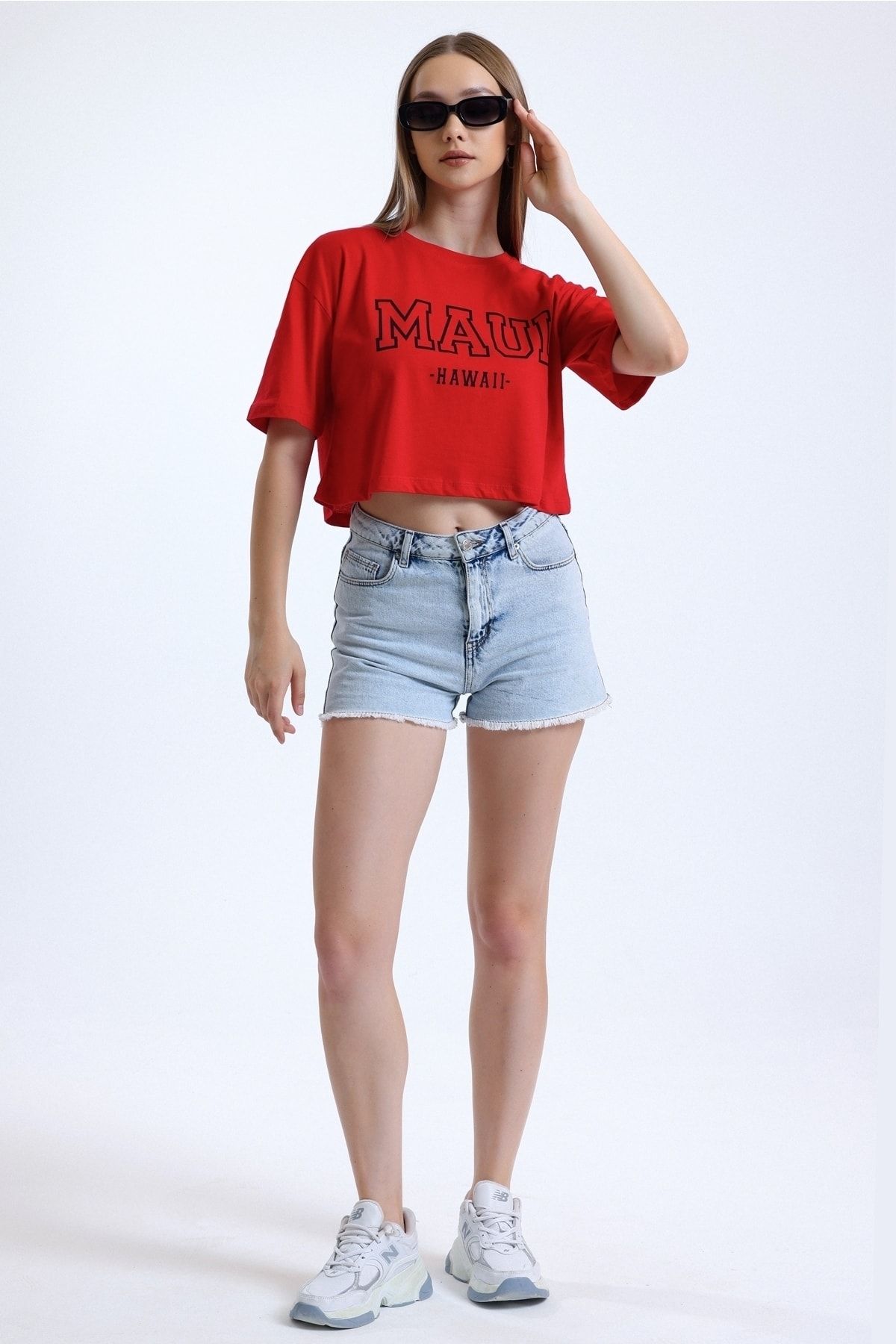 MD trend-Tricou de damă roșu cu imprimeu decoltat de bază cu decolteu rotund 5
