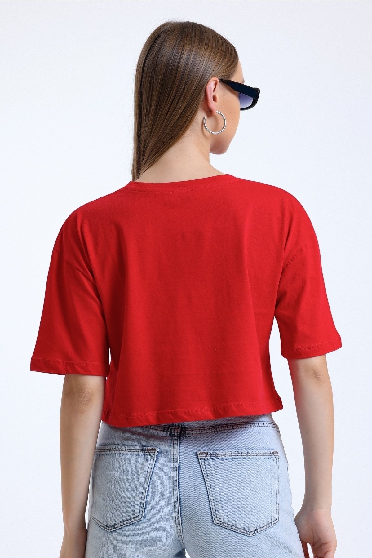 MD trend-Tricou de damă roșu cu imprimeu decoltat de bază cu decolteu rotund 6