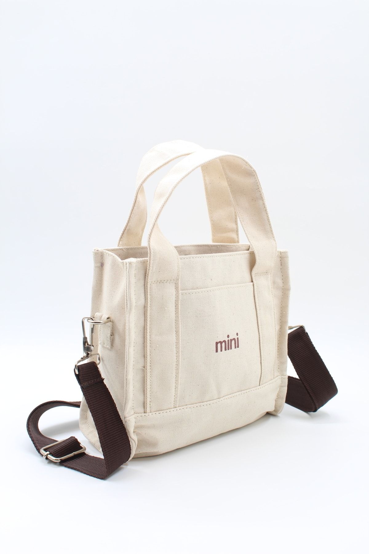 NOTHING-Mini Lettered Canvas Fabric Lined Beige Cross Shoulder and Handbag with Brown Strap 4