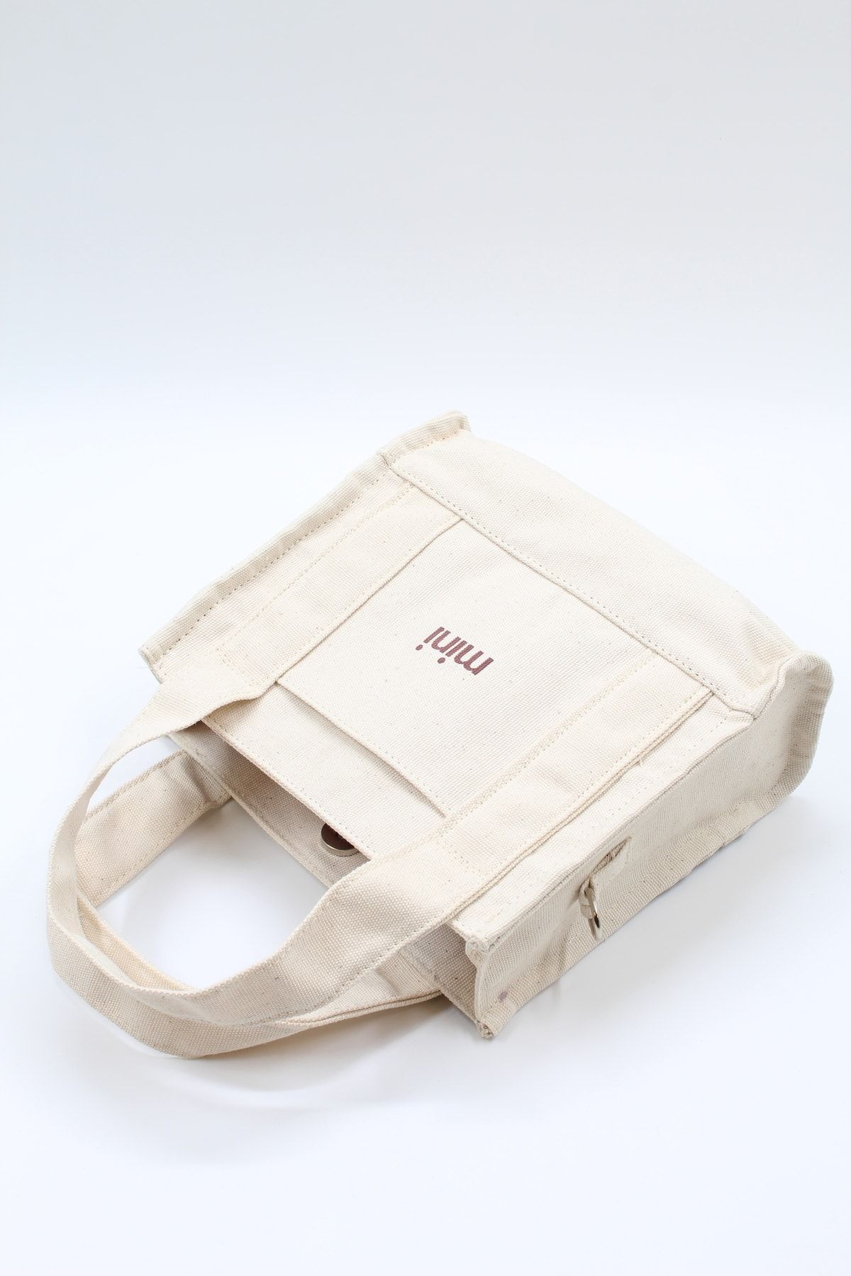 NOTHING-Mini Lettered Canvas Fabric Lined Beige Cross Shoulder and Handbag with Brown Strap 6