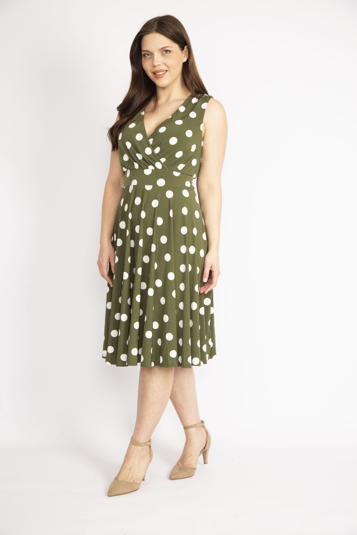 ans Women s Khaki Plus Size Polka Dot Patterned Dress Trendyol