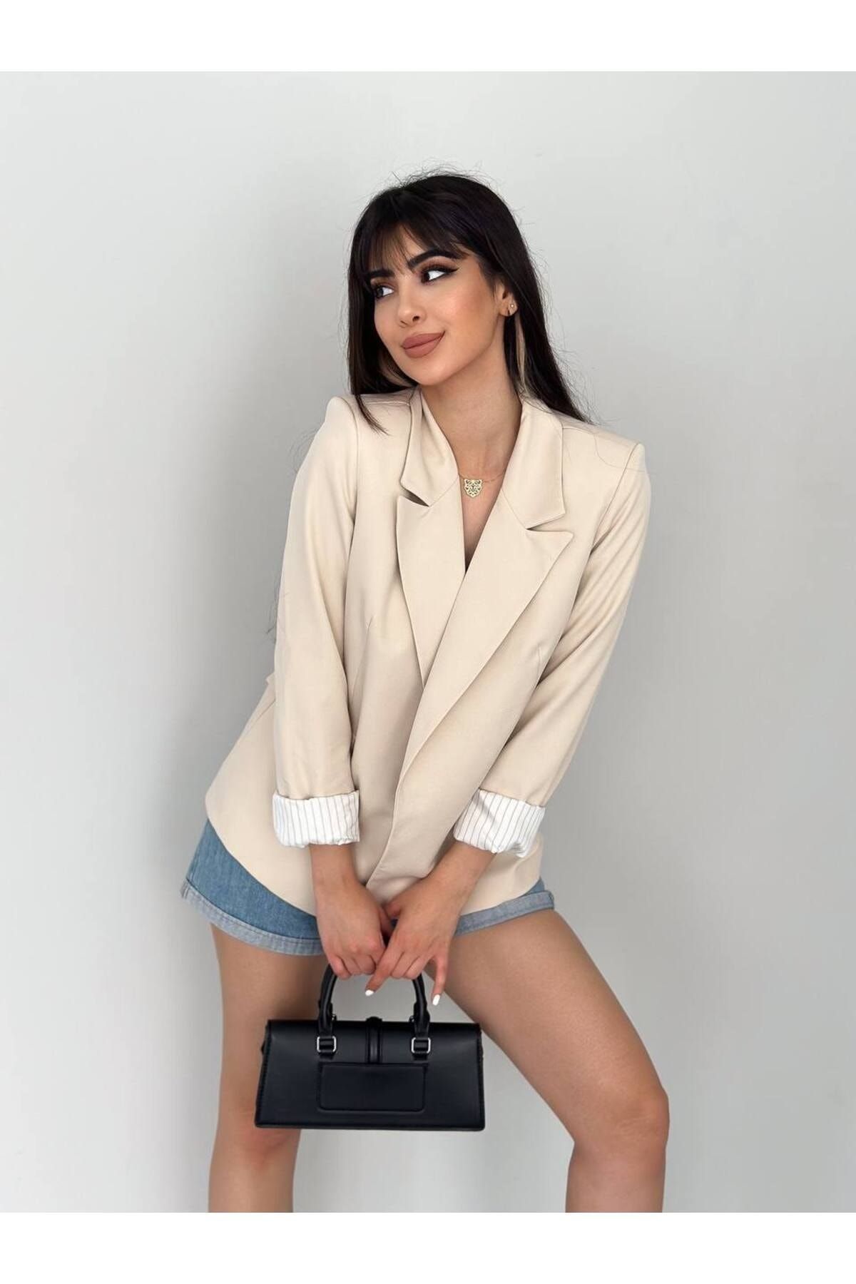 han fashion-Μπουφάν μπλέιζερ με διπλό γιακά με φόδρα με αναδιπλούμενο μανίκι 2