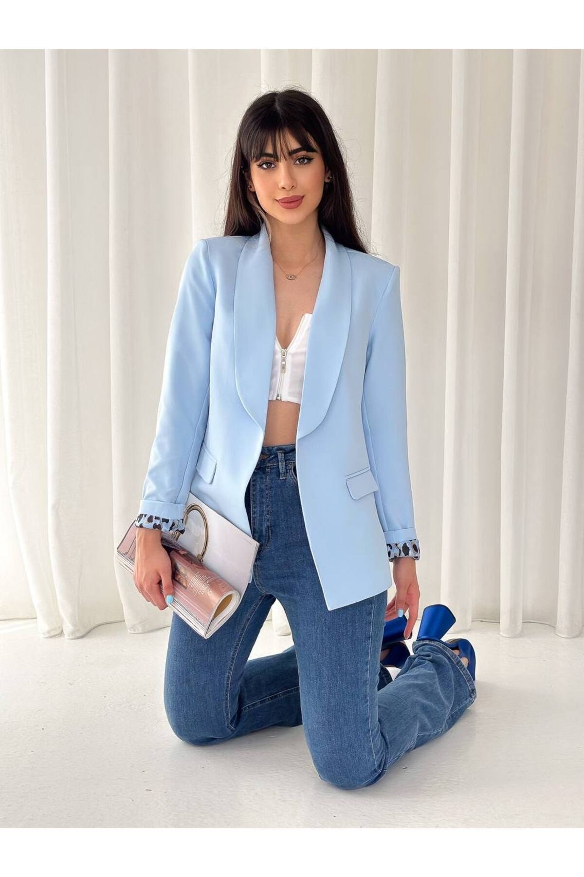 Double-Breasted Collar Buttonless Pocket Pattern Lined Foldable Sleeve Blazer Jacket - Görsel 2