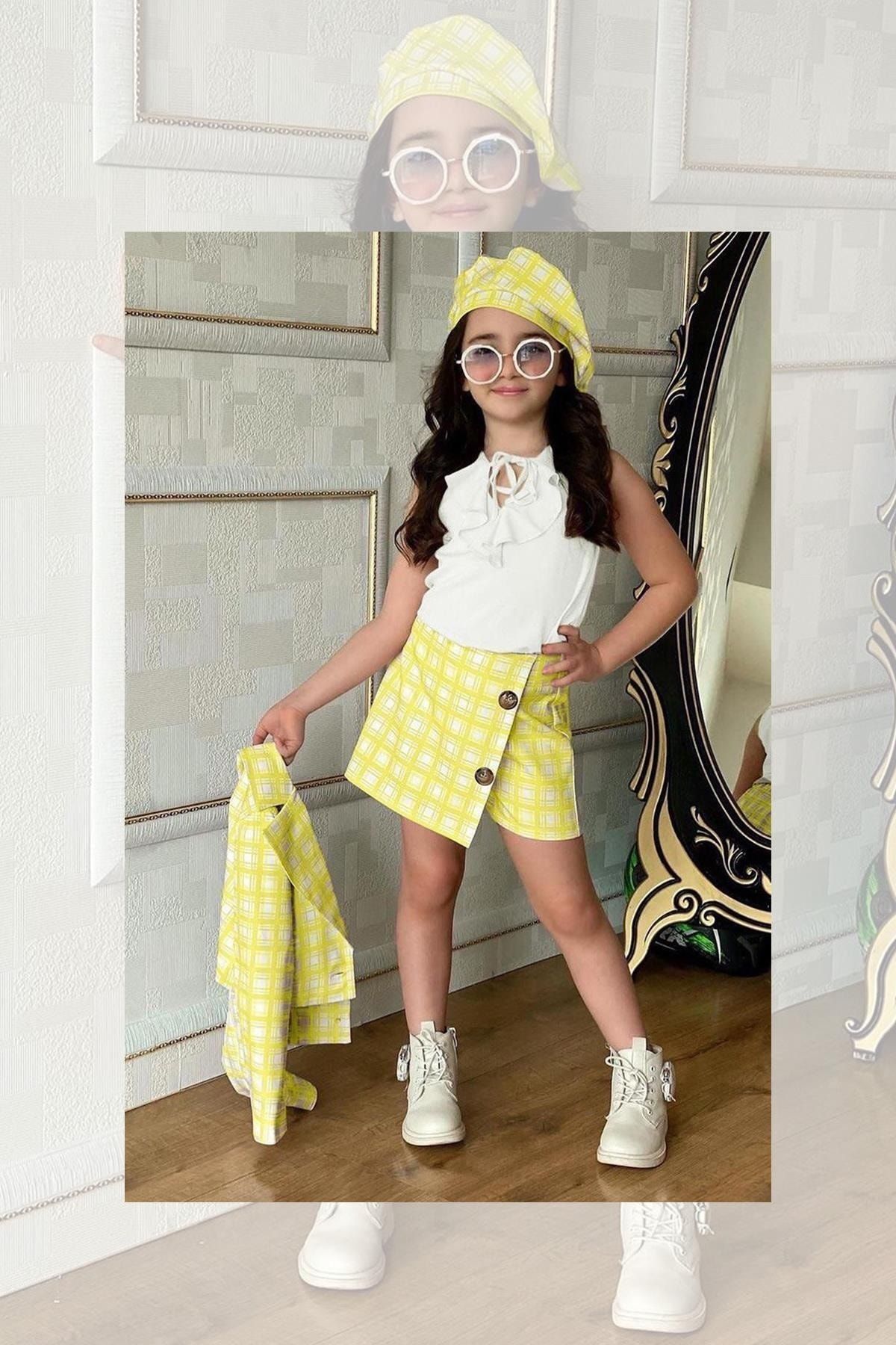 Riccotarz Girl s Blazer Jacket and Square Printed Yellow Shorts