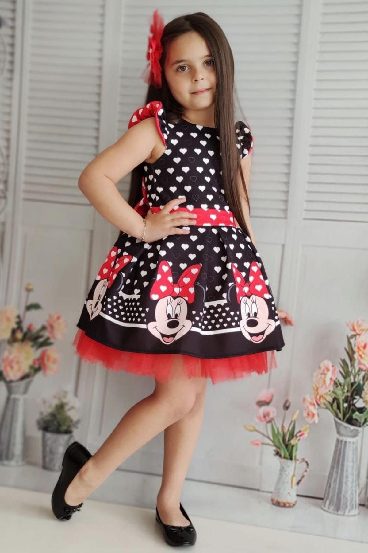 Riccotarz Girl s Heart Patterned Mickey Mouse Printed Black Dress Age 3 10