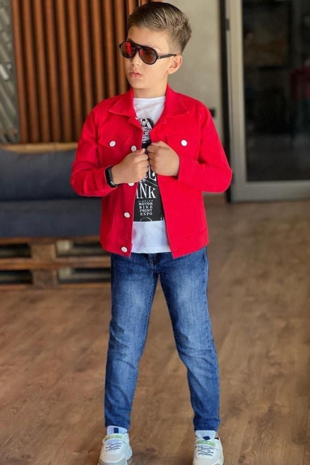 Riccotarz Boy s Motor Printed Button Front Jacket Red Denim Bottom