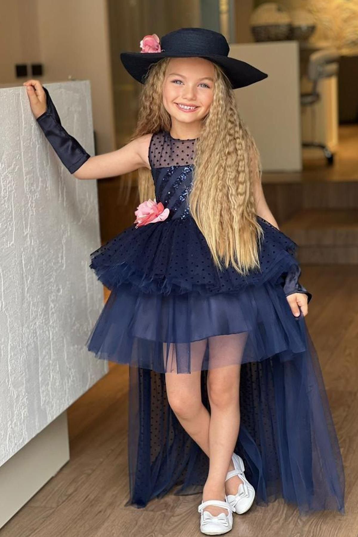 Riccotarz Girl s Polka Dot Sequined Tail Tiered Tulle Navy Blue