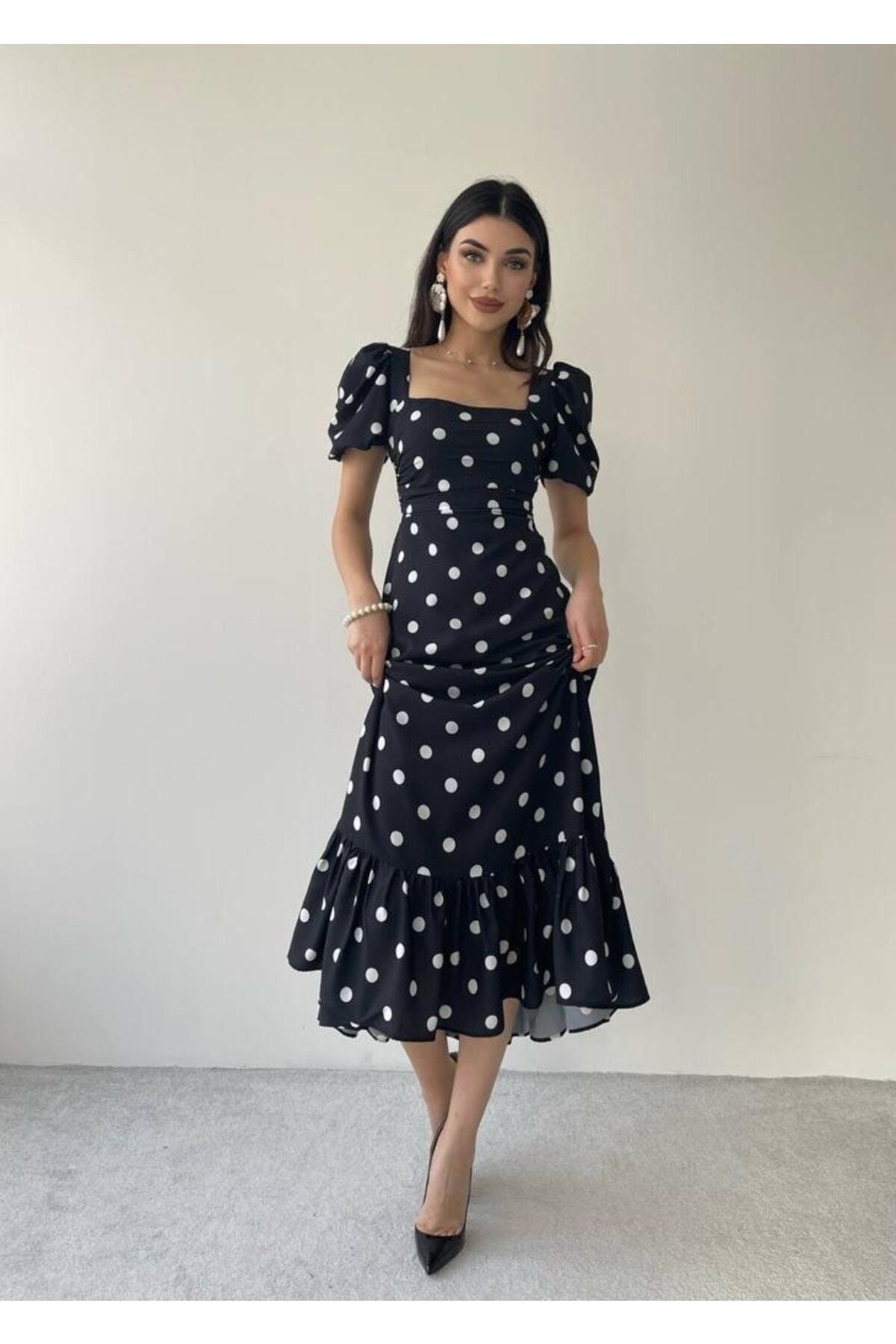 Polka dot square top neck dress