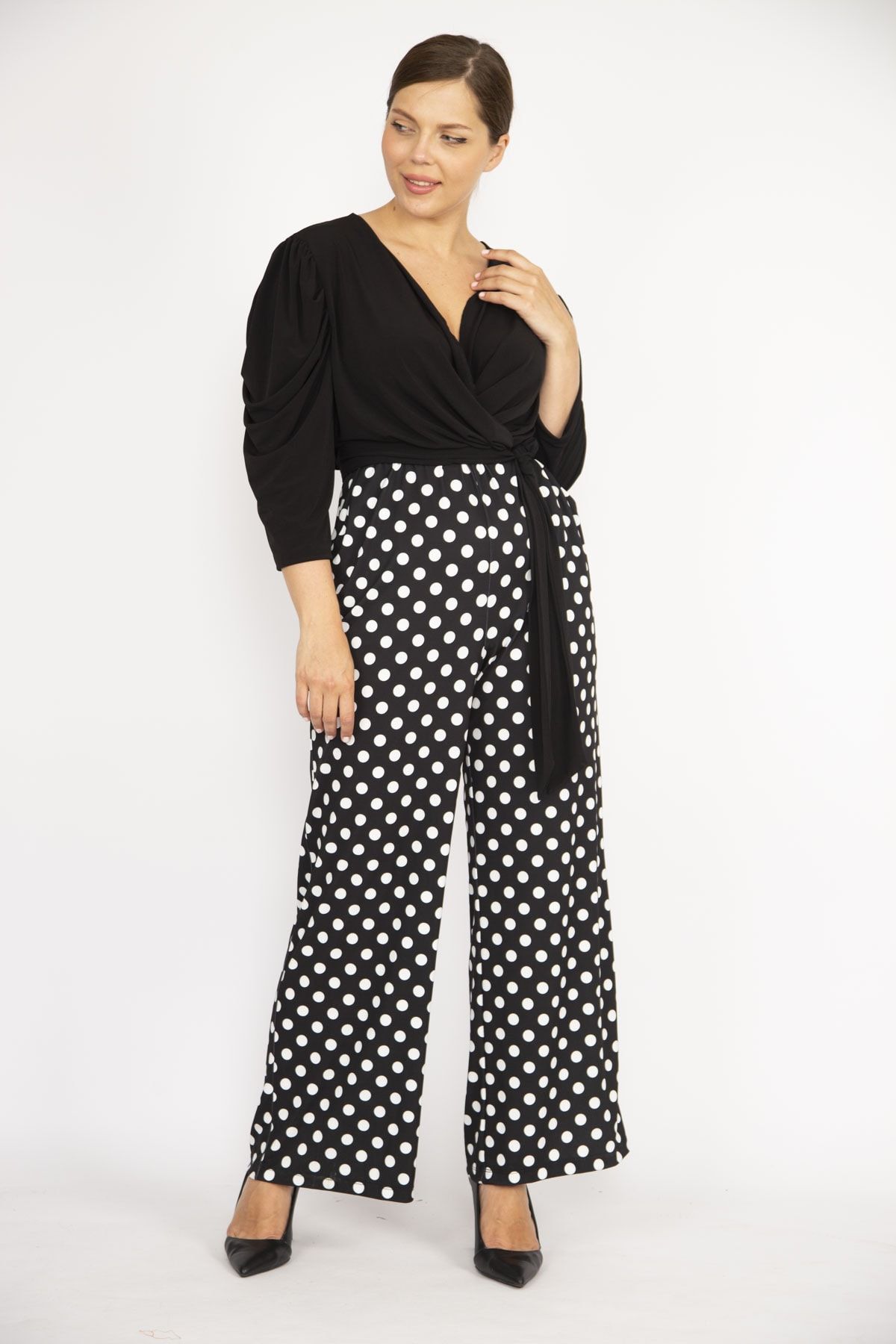ans Women s Black Plus Size Wrap Collar Side Pocket and Belted