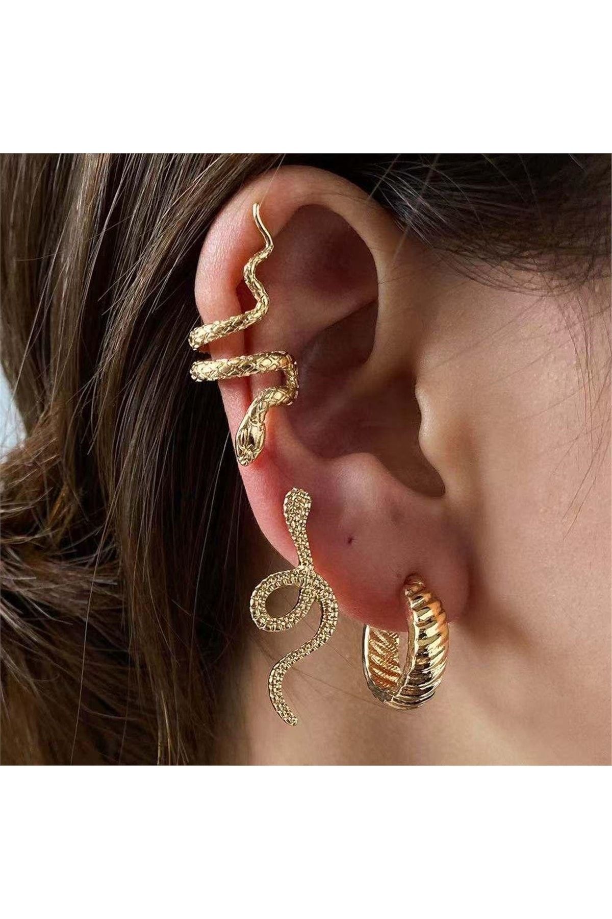 Pelin Aksesuar Snake 3 Piece Earring and Piercing Set