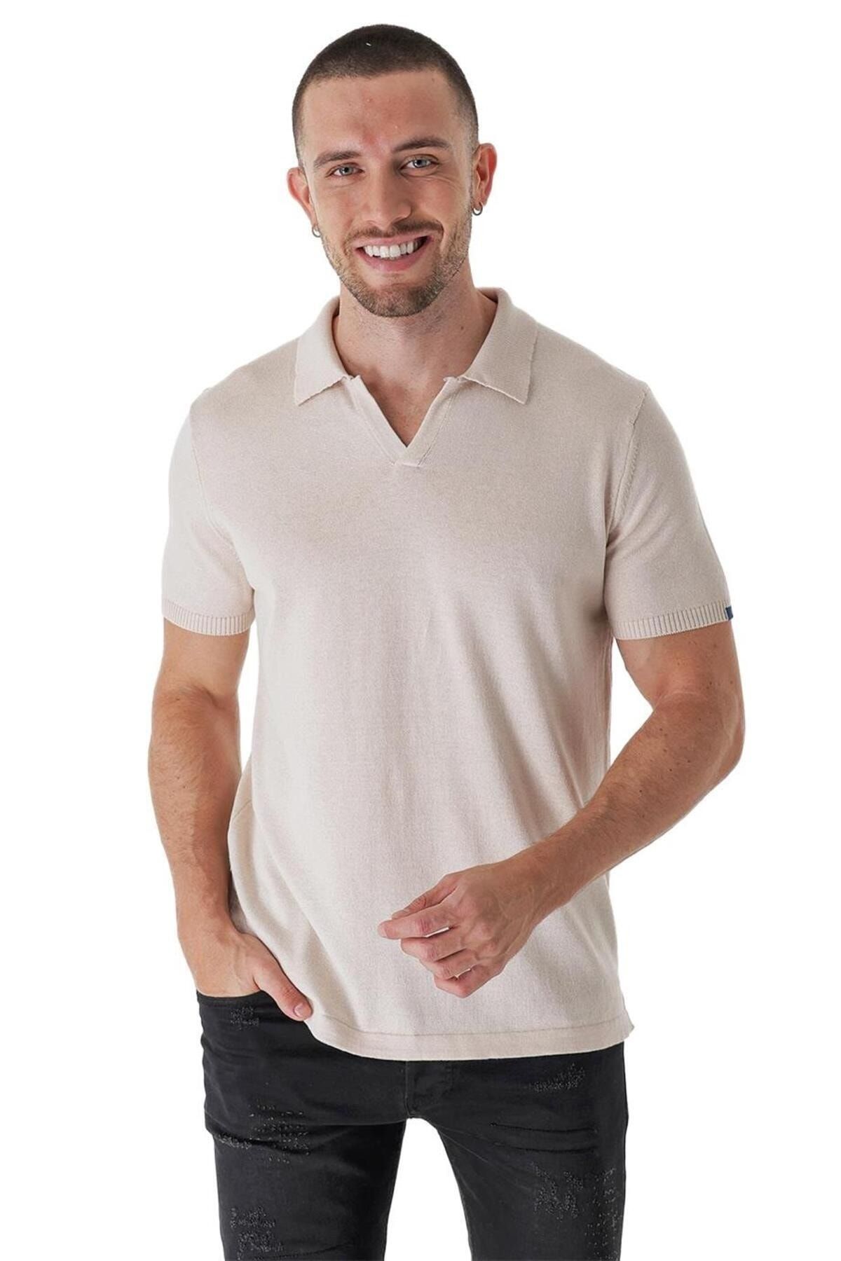 CHUBA-Men's Polo Neck Contrast Line Detailed Cotton Thin Knitwear T-shirt Beige 22sm209 1