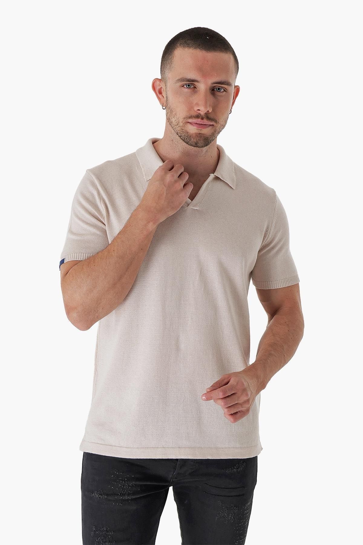 CHUBA-Men's Polo Neck Contrast Line Detailed Cotton Thin Knitwear T-shirt Beige 22sm209 3