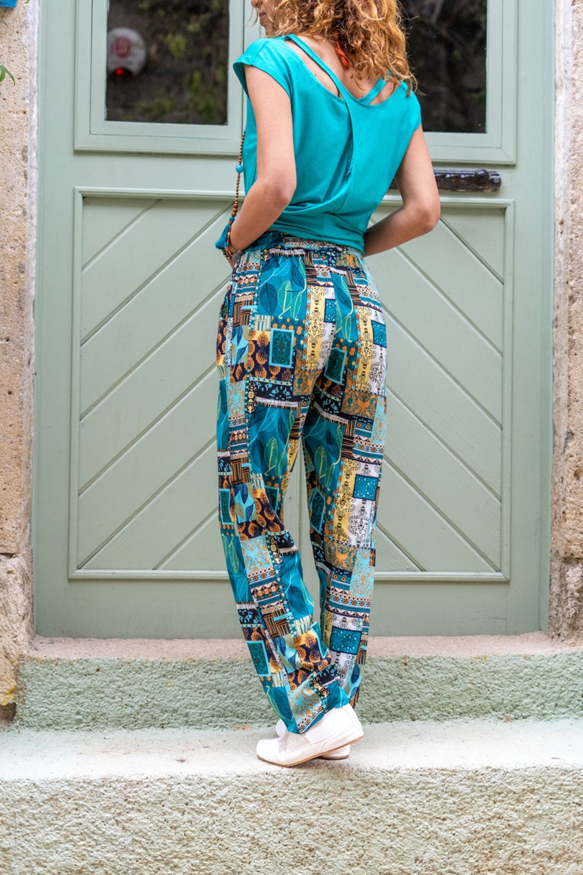 G ne k z Women s Green Ethnic Waist Elastic Belted Narrow Leg