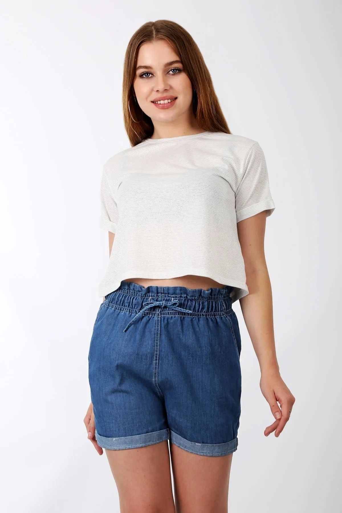 Denim shorts with drawstring waist hot sale