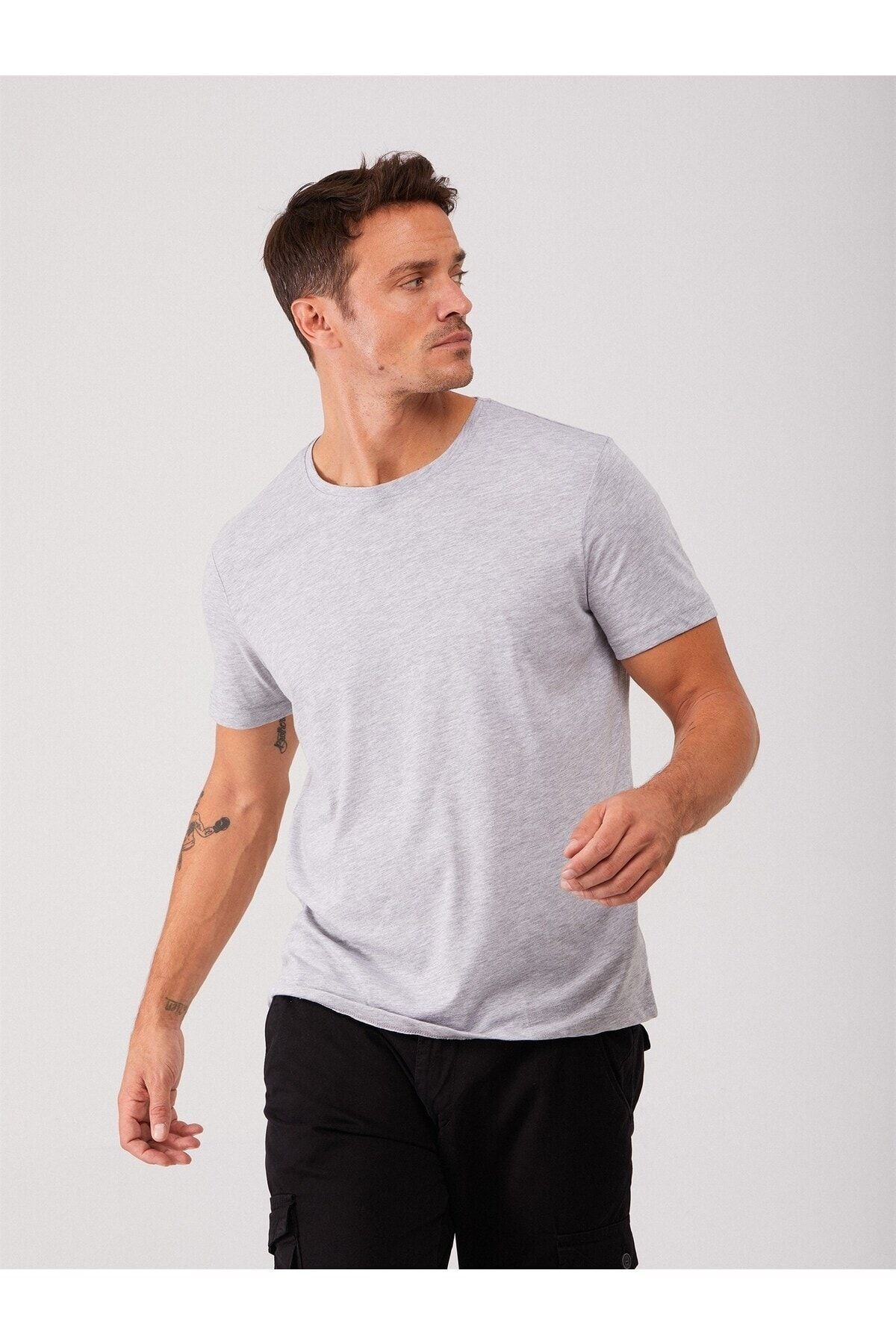 تی شرت طوسی طرح ساده یقه خدمه مدل اسلیم فیت آستین کوتاه مردانه دوفی Dufy (برند ترکیه)
