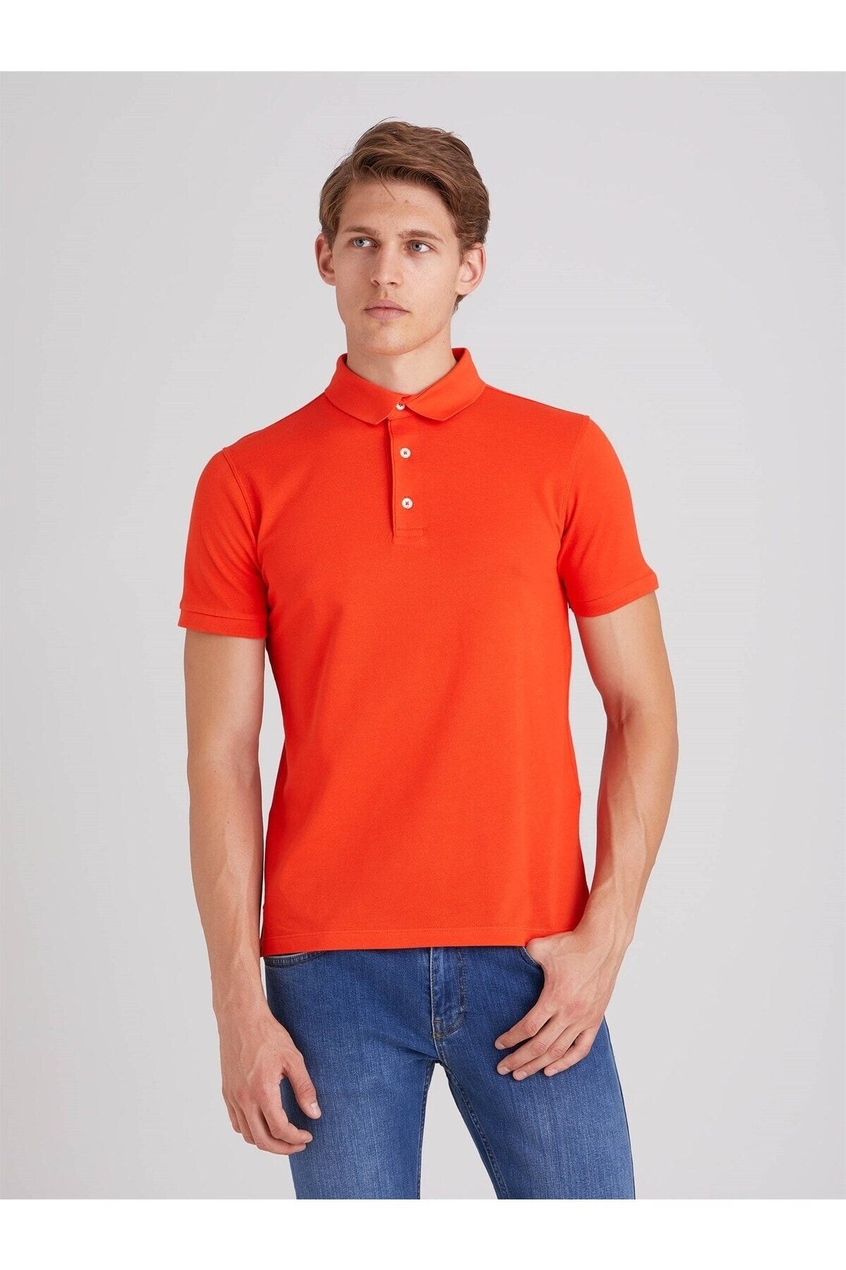 تی شرت نارنجی یقه پولو مدل اسلیم فیت آستین کوتاه مردانه دوفی Dufy (برند ترکیه)